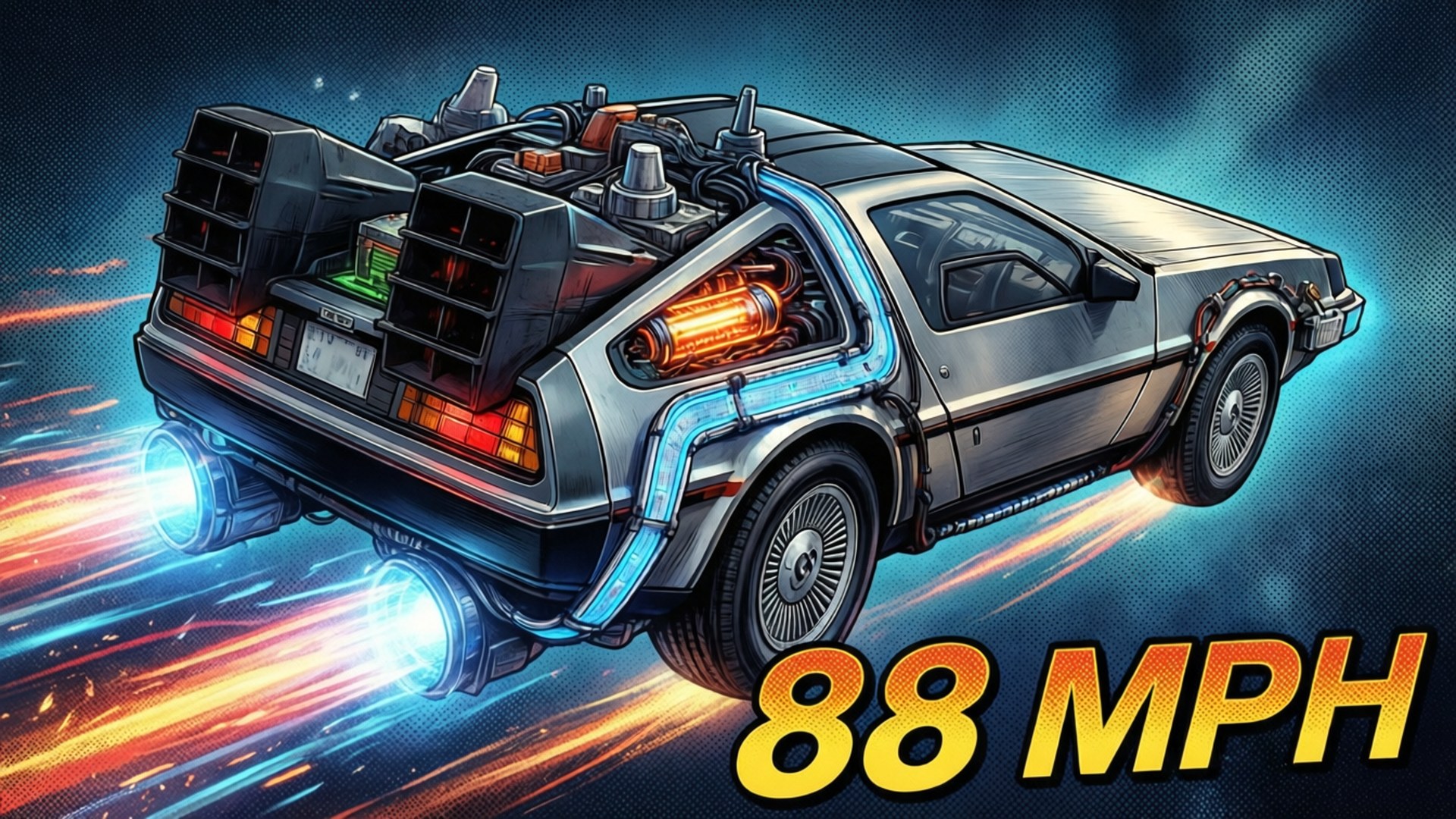 DeLorean, glowing blue flux capacitors, fiery exhaust blasts, Full HD Desktop Wallpaper