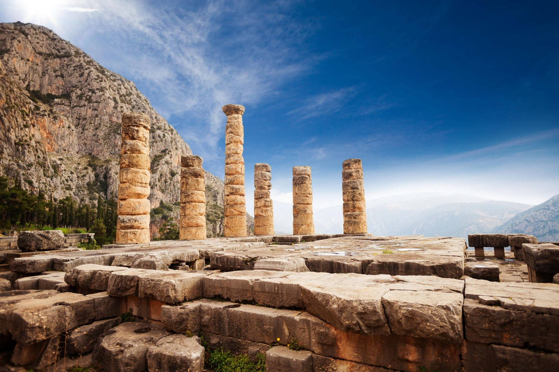 Delphi, ancient stone columns, ruined temple, Full HD Desktop Wallpaper