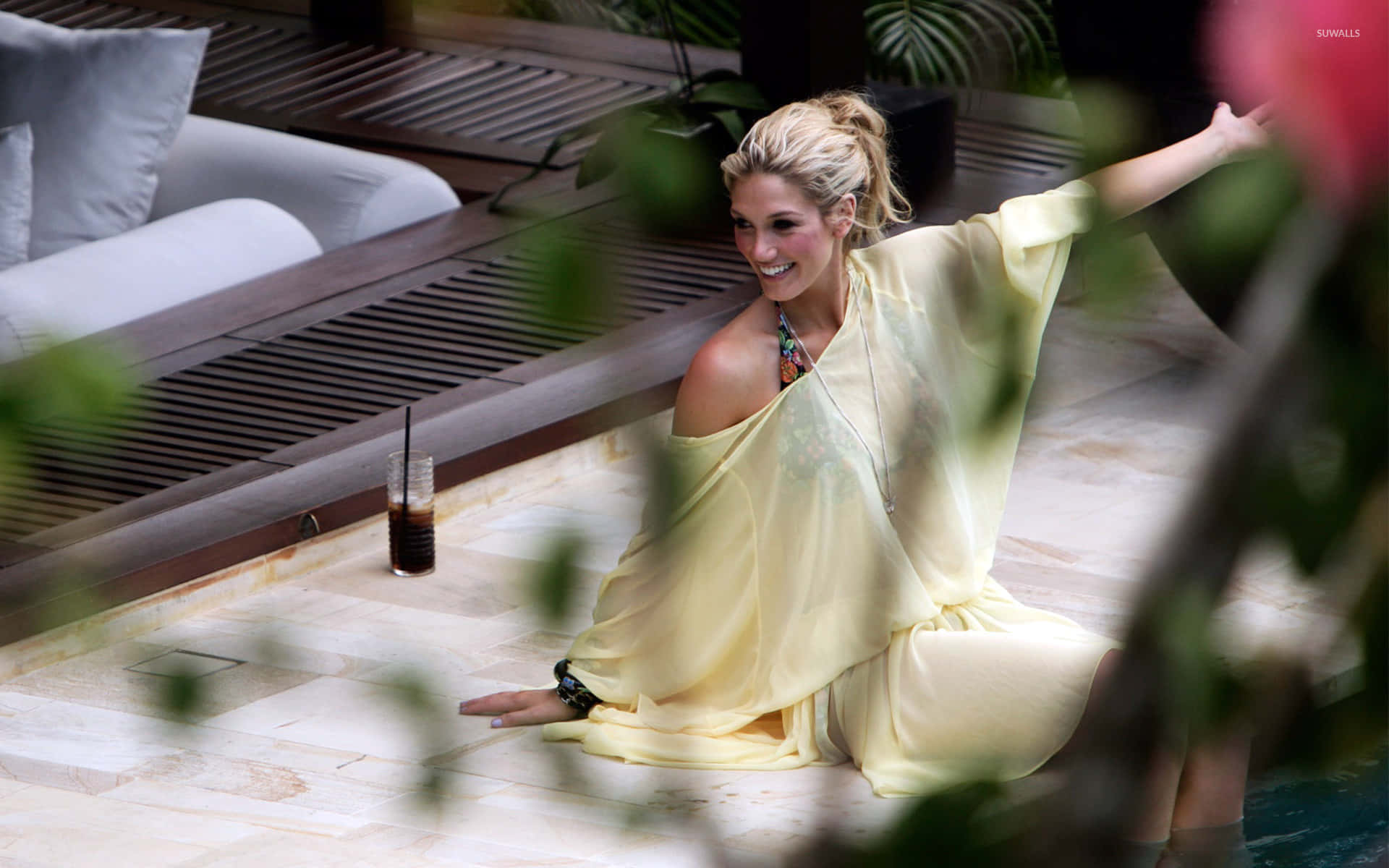 Delta Goodrem, yellow dress, flowing yellow dress, Full HD Desktop Wallpaper