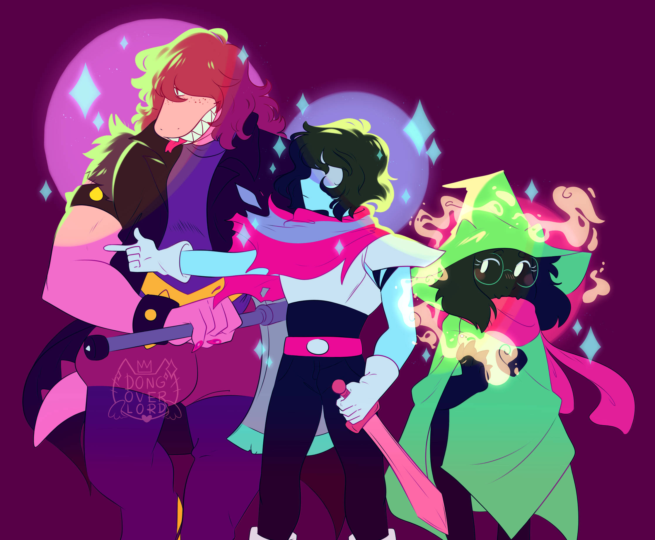 Deltarune, purple cosmic backdrop, neon outfits, Full HD Desktop Wallpaper