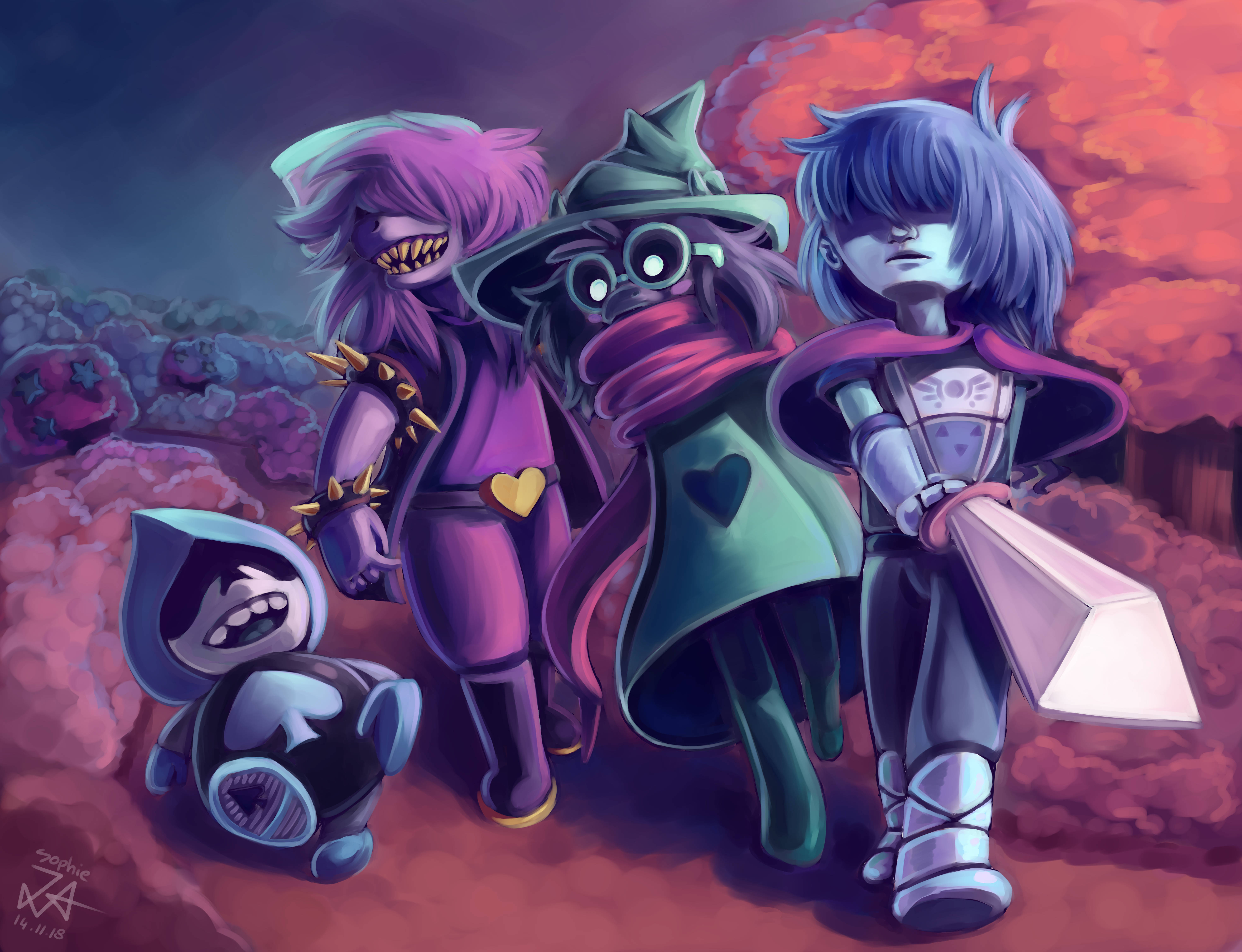 Deltarune, cute deltarune characters, purple blue and green hues, 5K Desktop Wallpaper