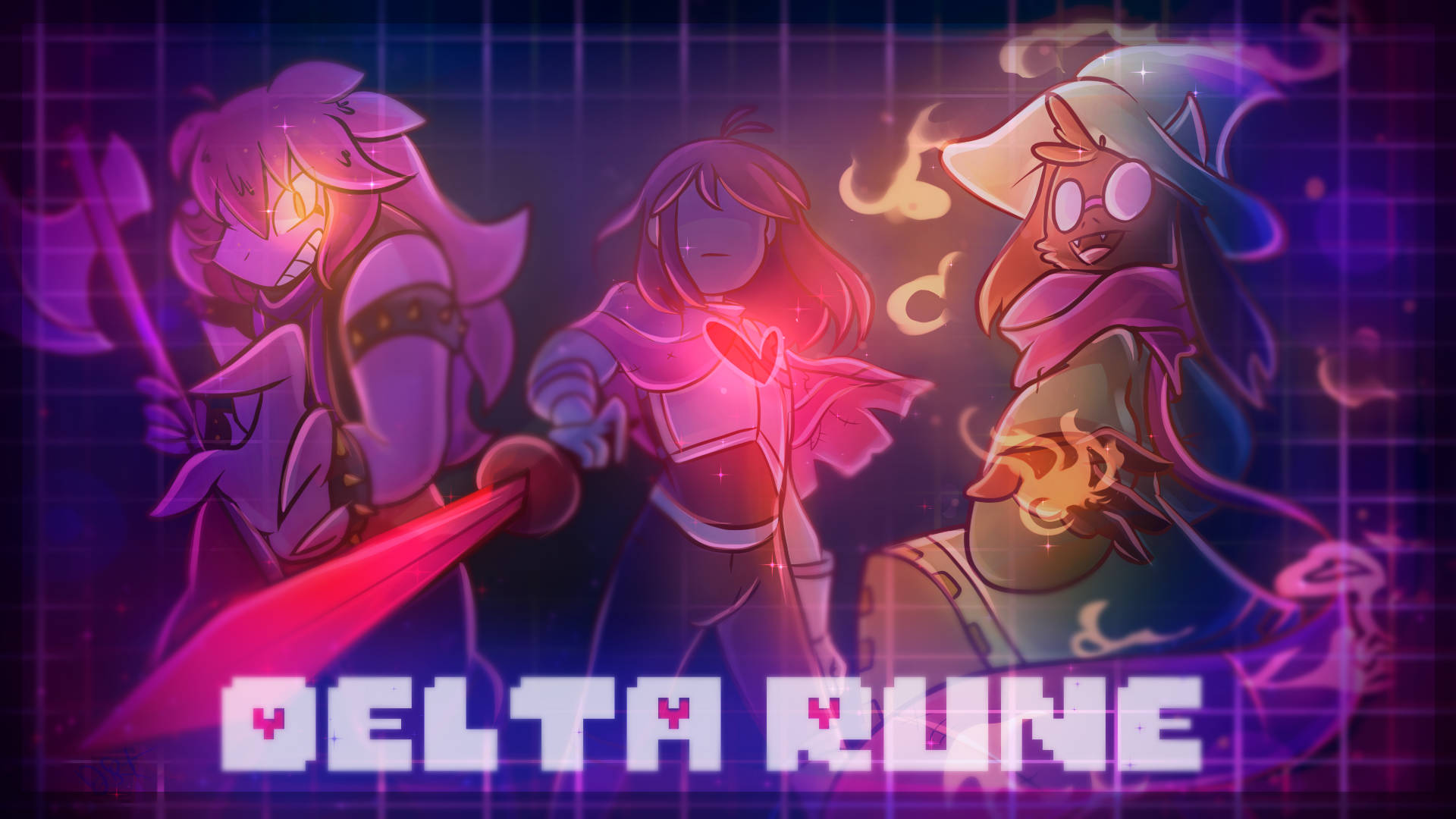 Deltarune, neon purple grids, vibrant pink and purple energy, Full HD Desktop Wallpaper