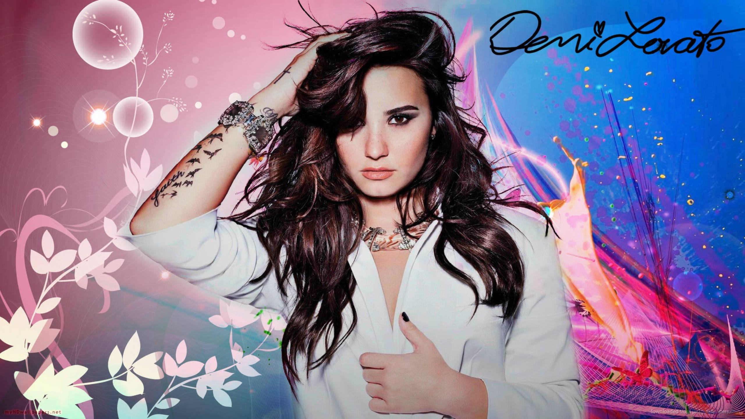 Demi Lovato, dark hair, tattoos, 2K Desktop Wallpaper