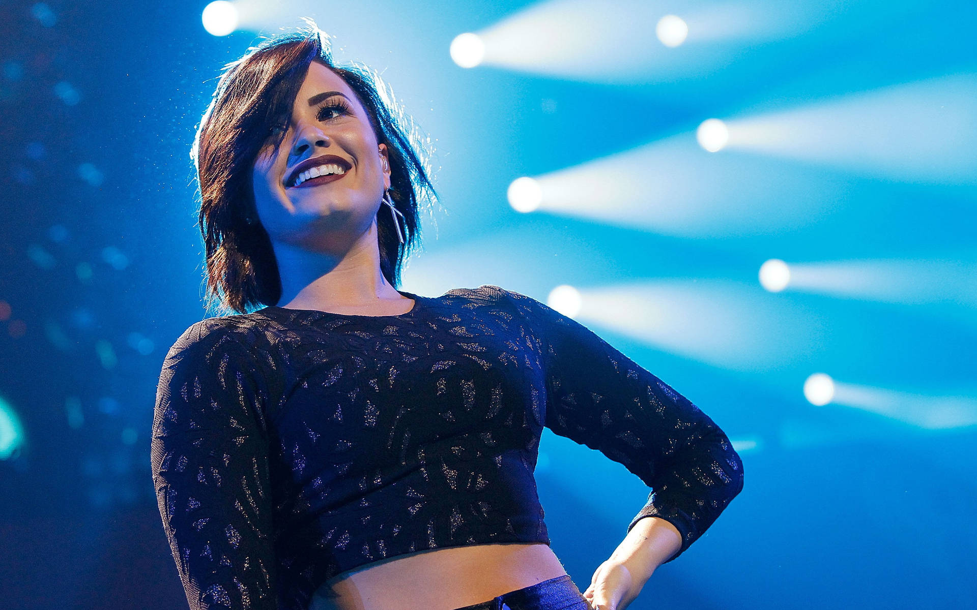 Demi Lovato, blue-lit stage, bright spotlights, Full HD Desktop Wallpaper