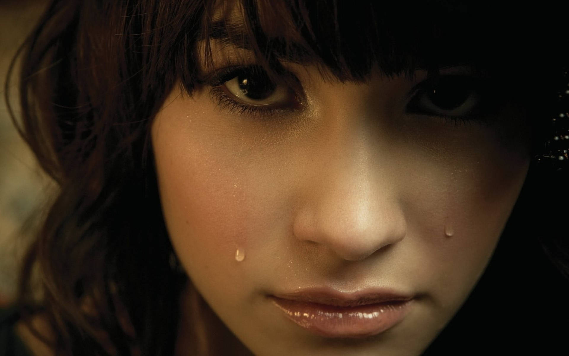 Demi Lovato, tear streaks, dark hair, Full HD Desktop Wallpaper