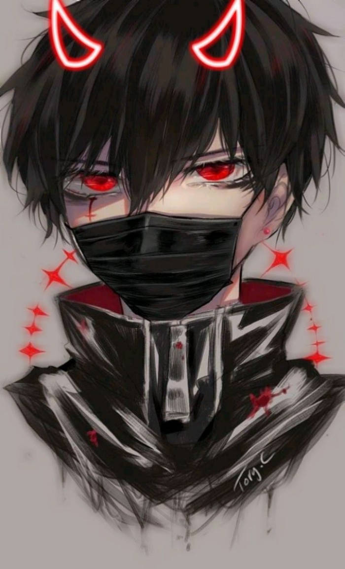 Neon Red Demon Boy Anime, glowing red devil horns, glowing red eyes, SD Phone Wallpaper
