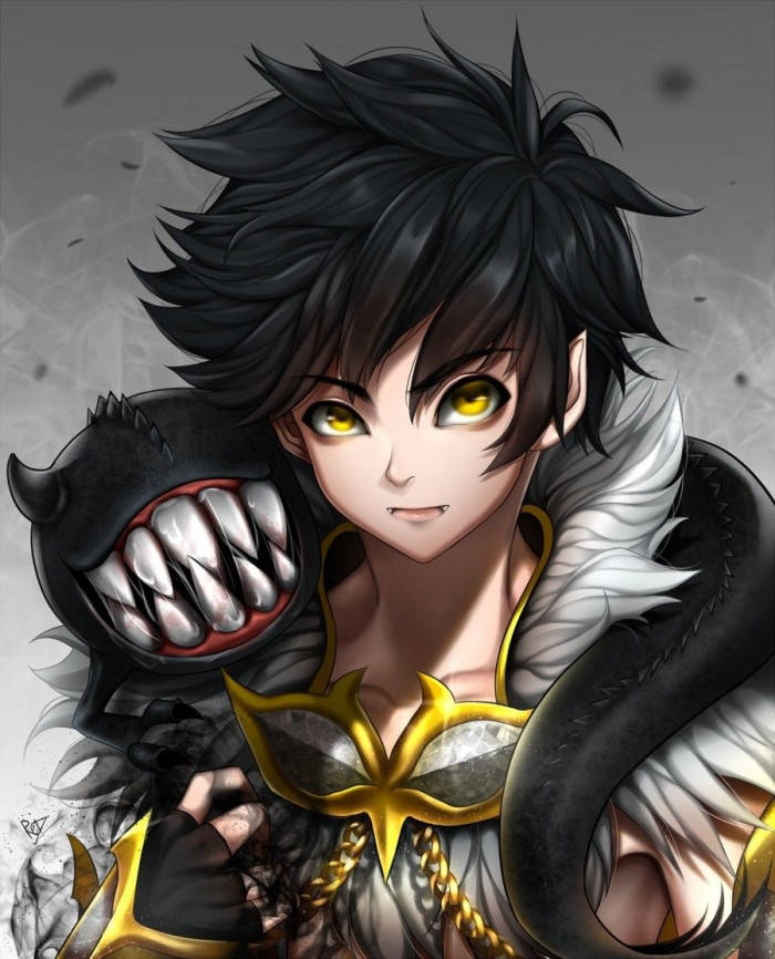 Golden Eyes Demon Boy Anime, spiky black hair, glowing yellow eyes, SD Phone Wallpaper