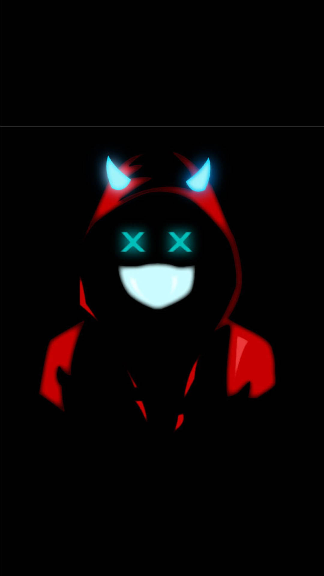 black red hoodie devil boy, glowing red hooded figure, blue devil horns, Full HD Phone Wallpaper
