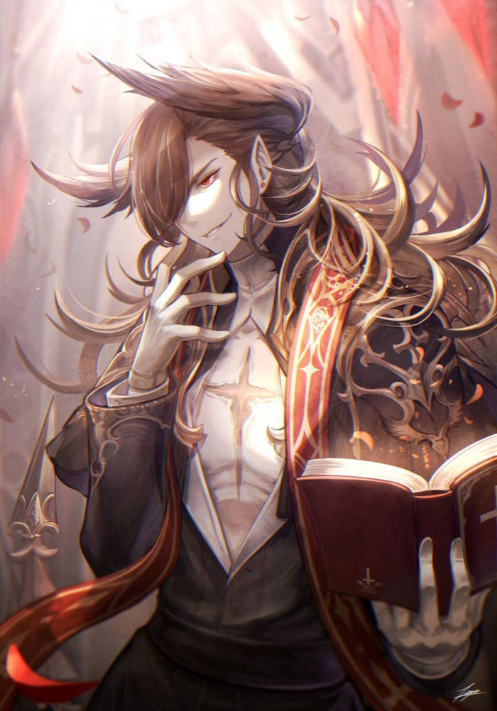 Demon Boy Anime, open book, long flowing hair, SD Phone Wallpaper