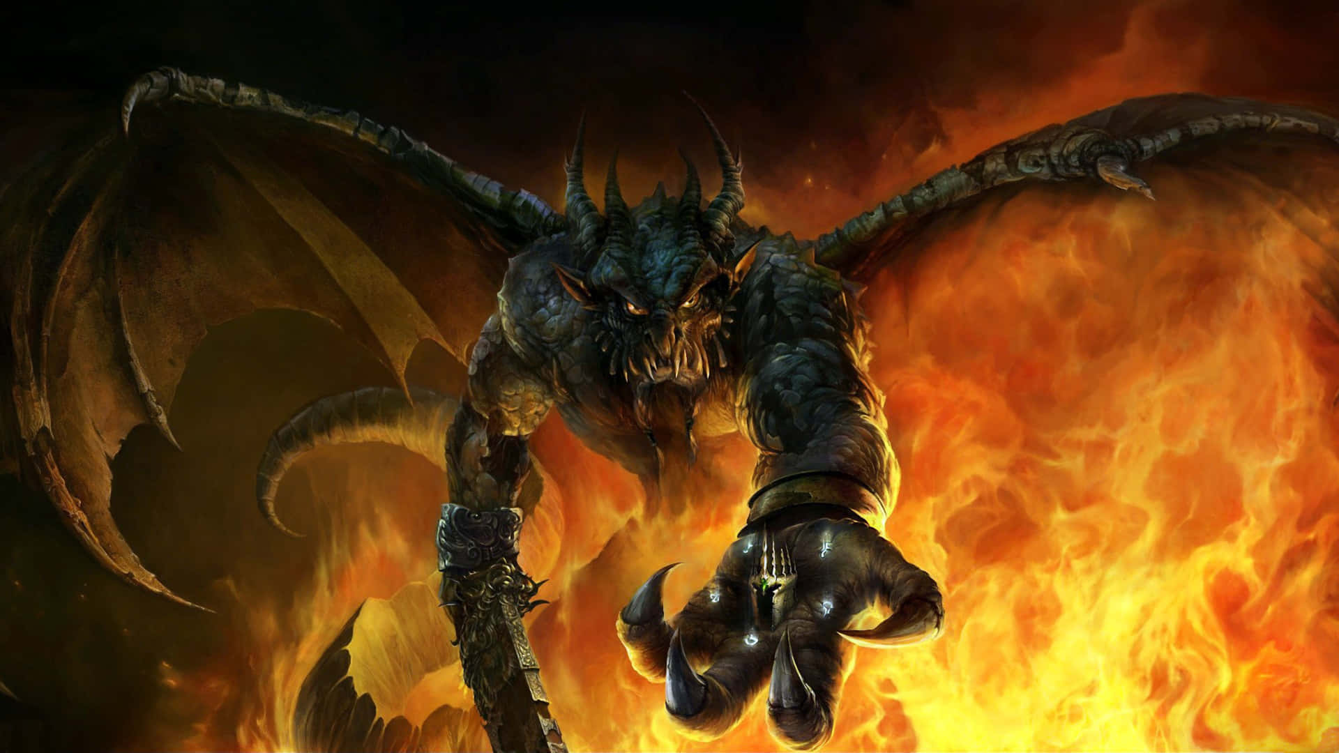 demon fighting, dark dragon, spiked wings, Full HD Desktop Wallpaper