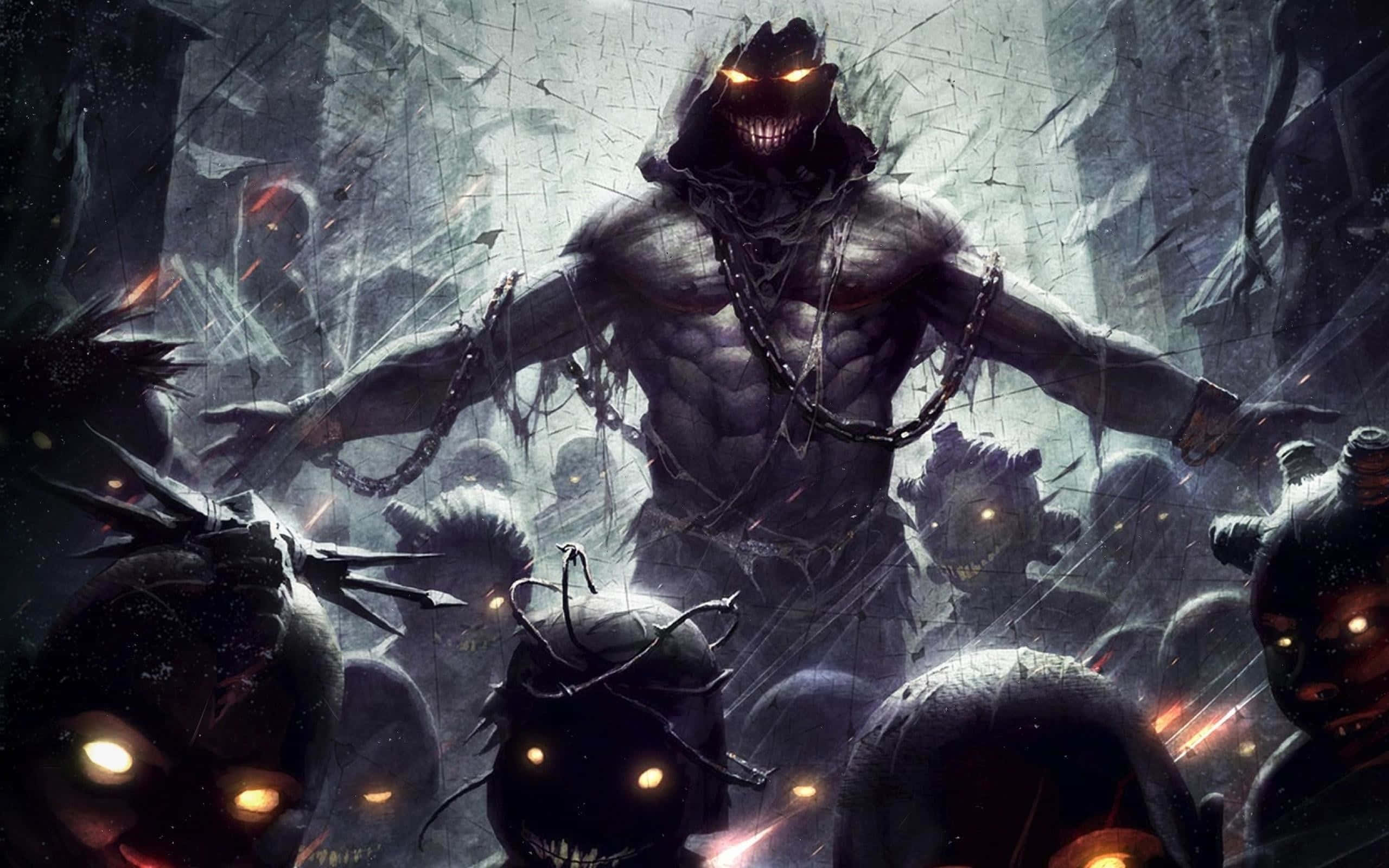 Demon Fighting, towering demonic figure, glowing eyes, 2K Desktop Wallpaper