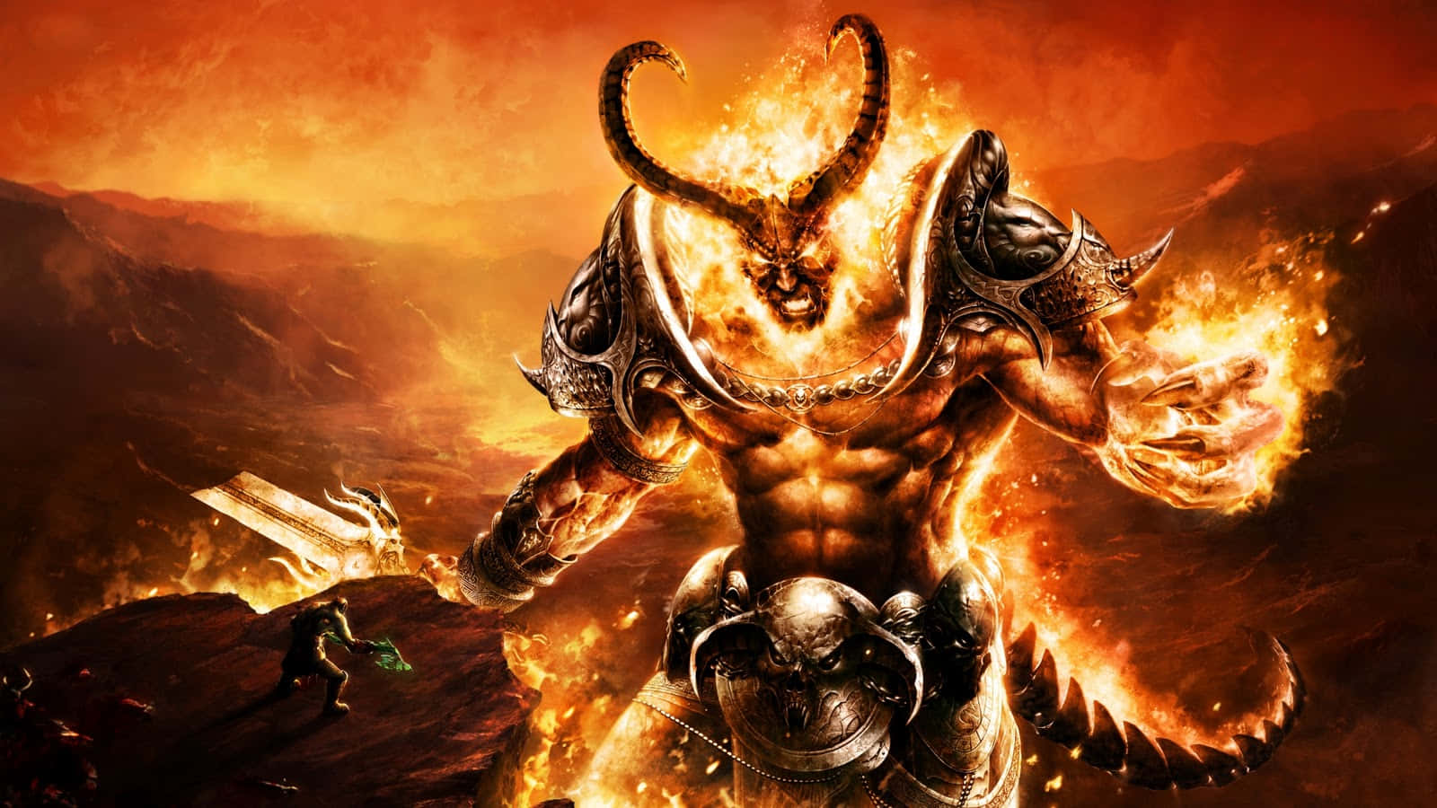demon fighting, flaming horns, armor, HD Desktop Wallpaper