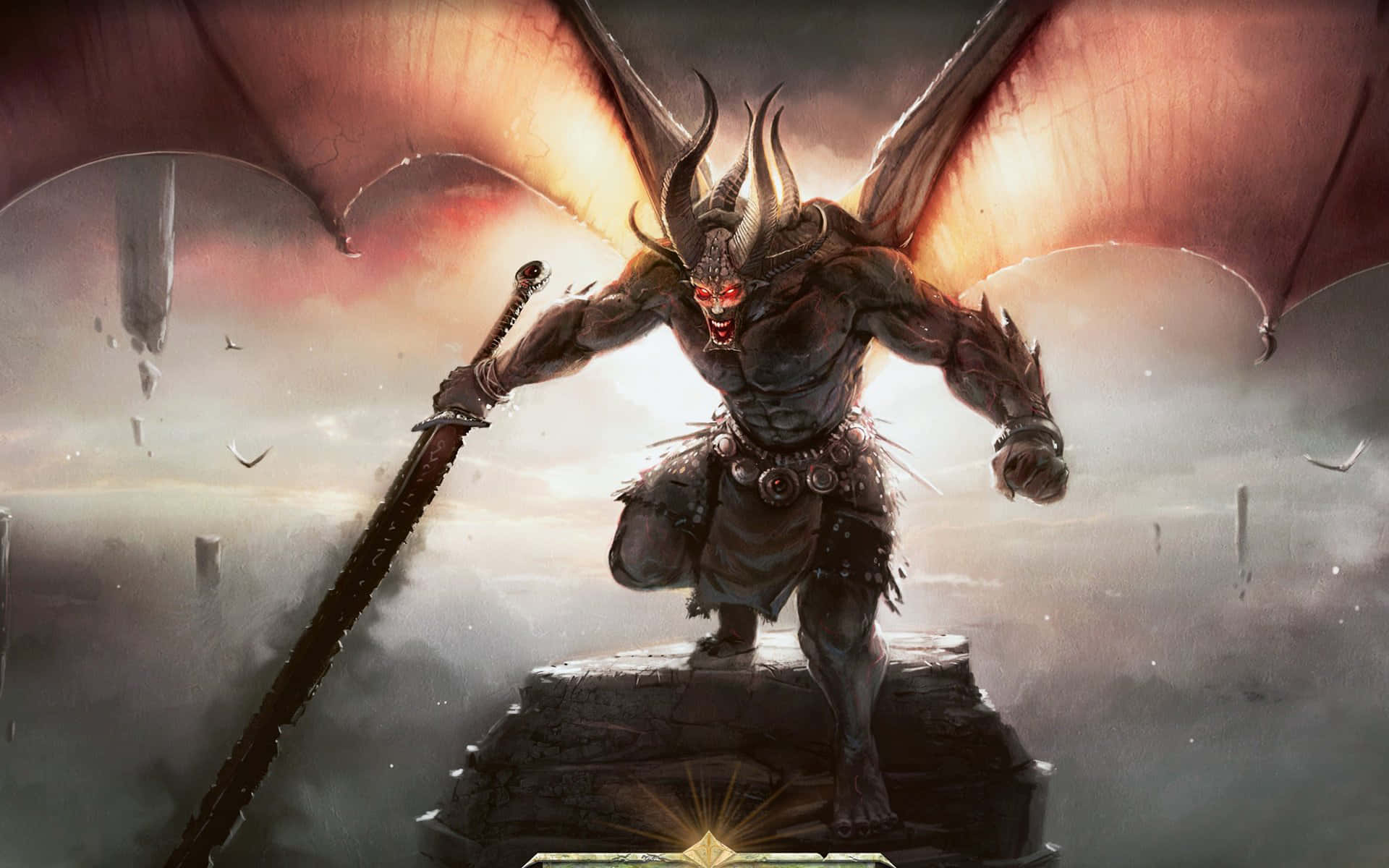 demonic warrior, bat-like wings, horns, Full HD Desktop Wallpaper