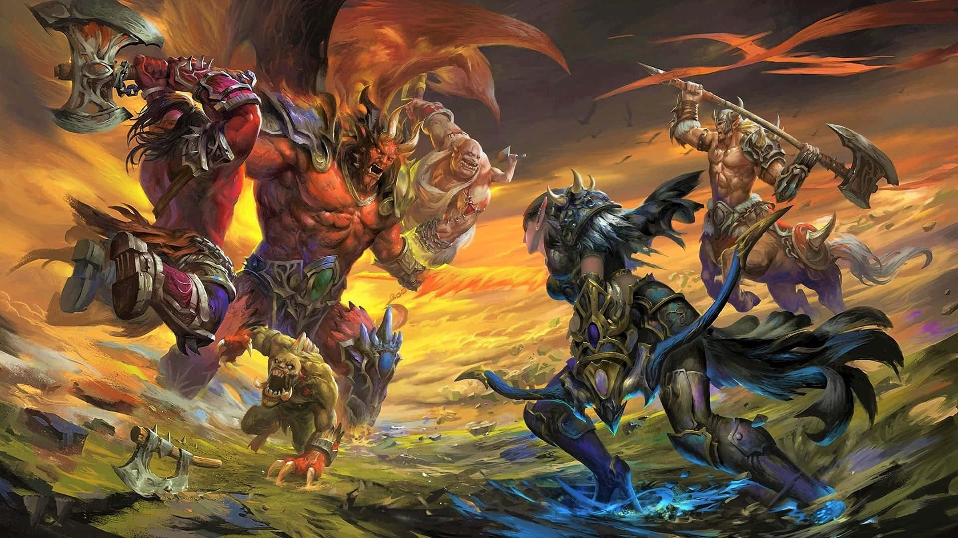 Demon Fighting, fiery battle, blazing orange sky, Full HD Desktop Wallpaper
