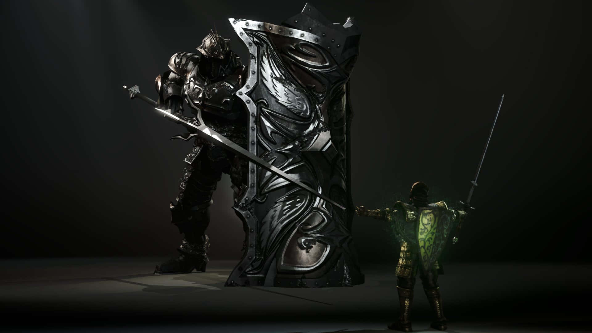 demon fighting, towering armored warrior, massive ornate shield, Full HD Desktop Wallpaper