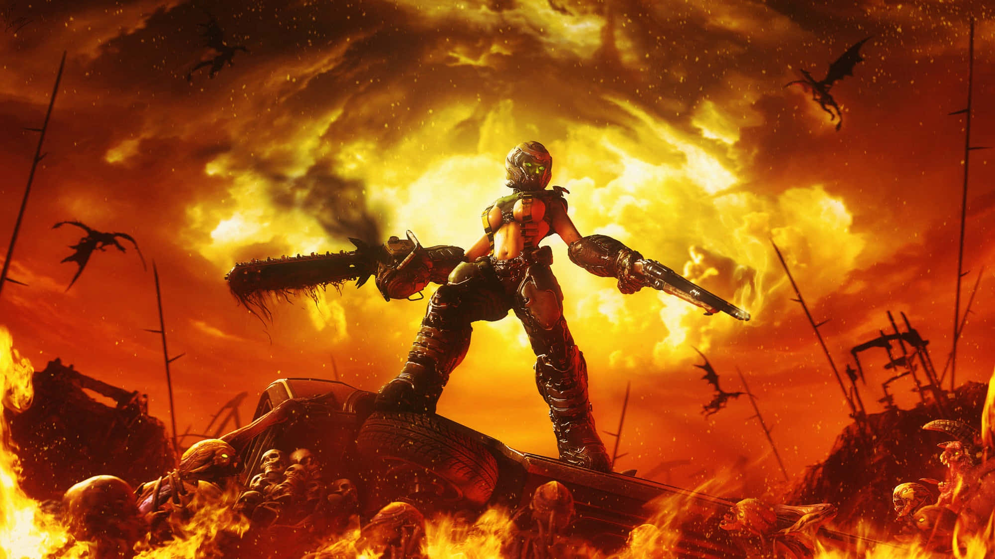 demon fighting, chainsaw, gun, Full HD Desktop Wallpaper