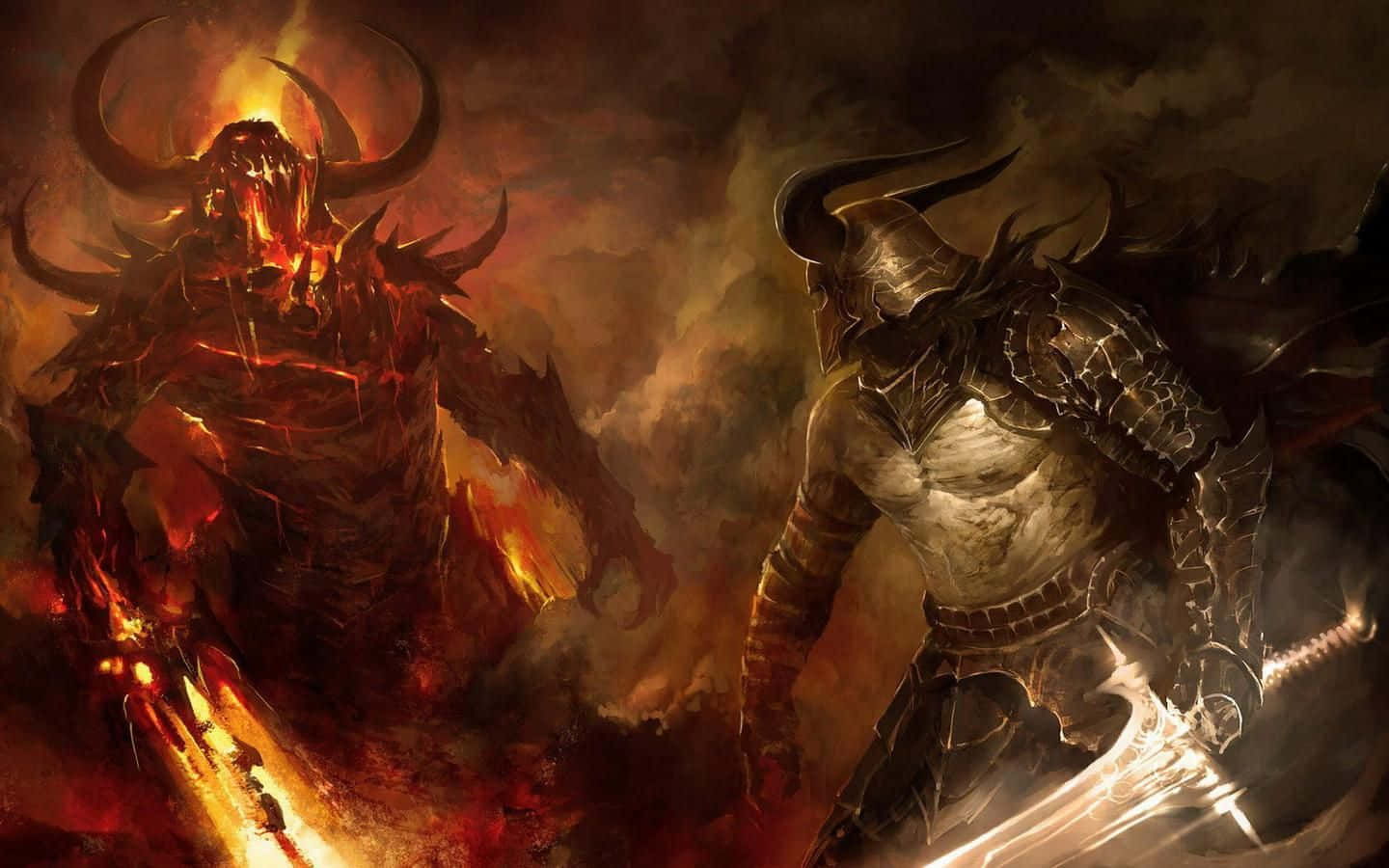 demon fighting, fiery demonic entity, glowing horns, HD Desktop Wallpaper