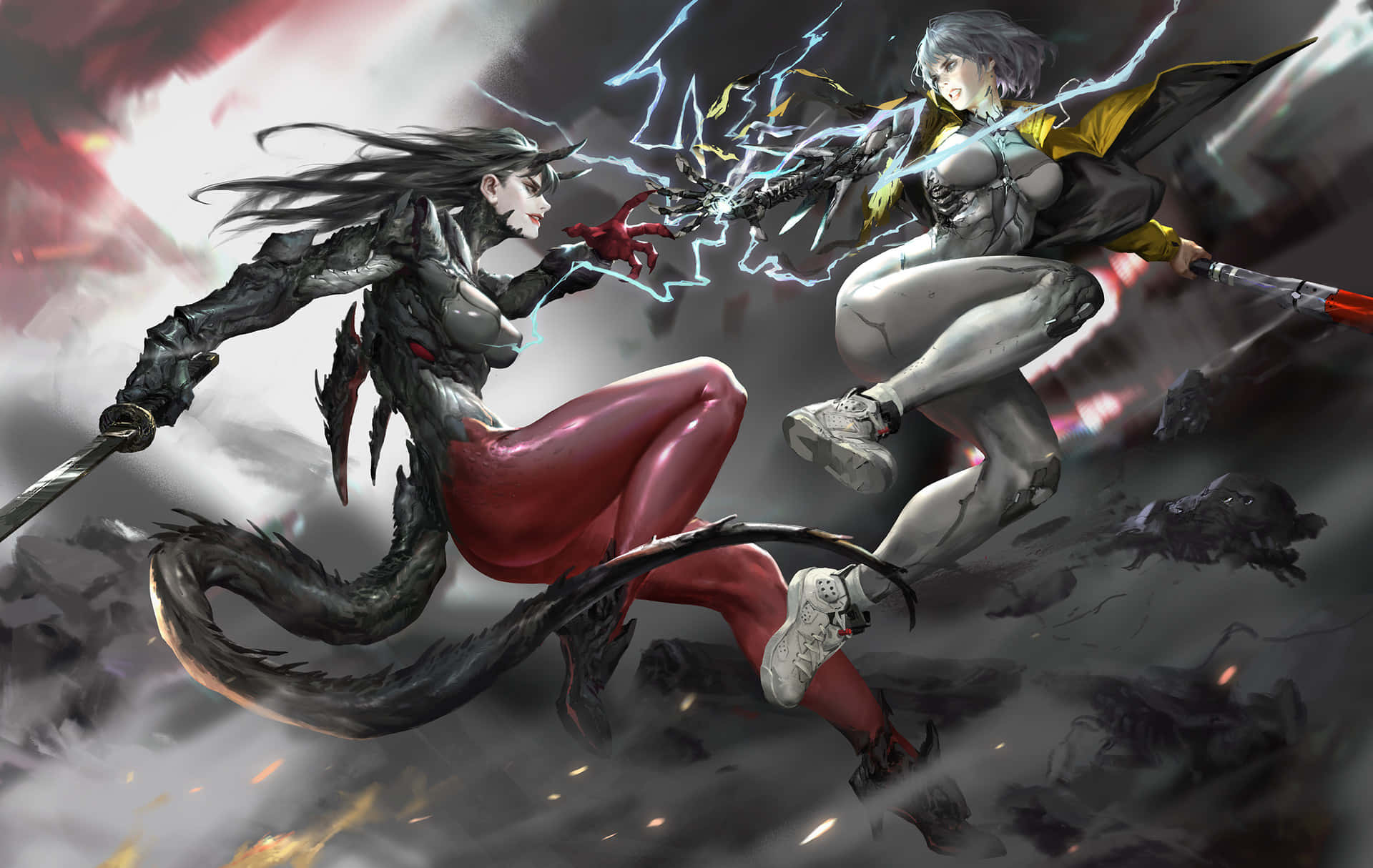 Demon Fighting, anime-style warriors, electric energy, Full HD Desktop Wallpaper