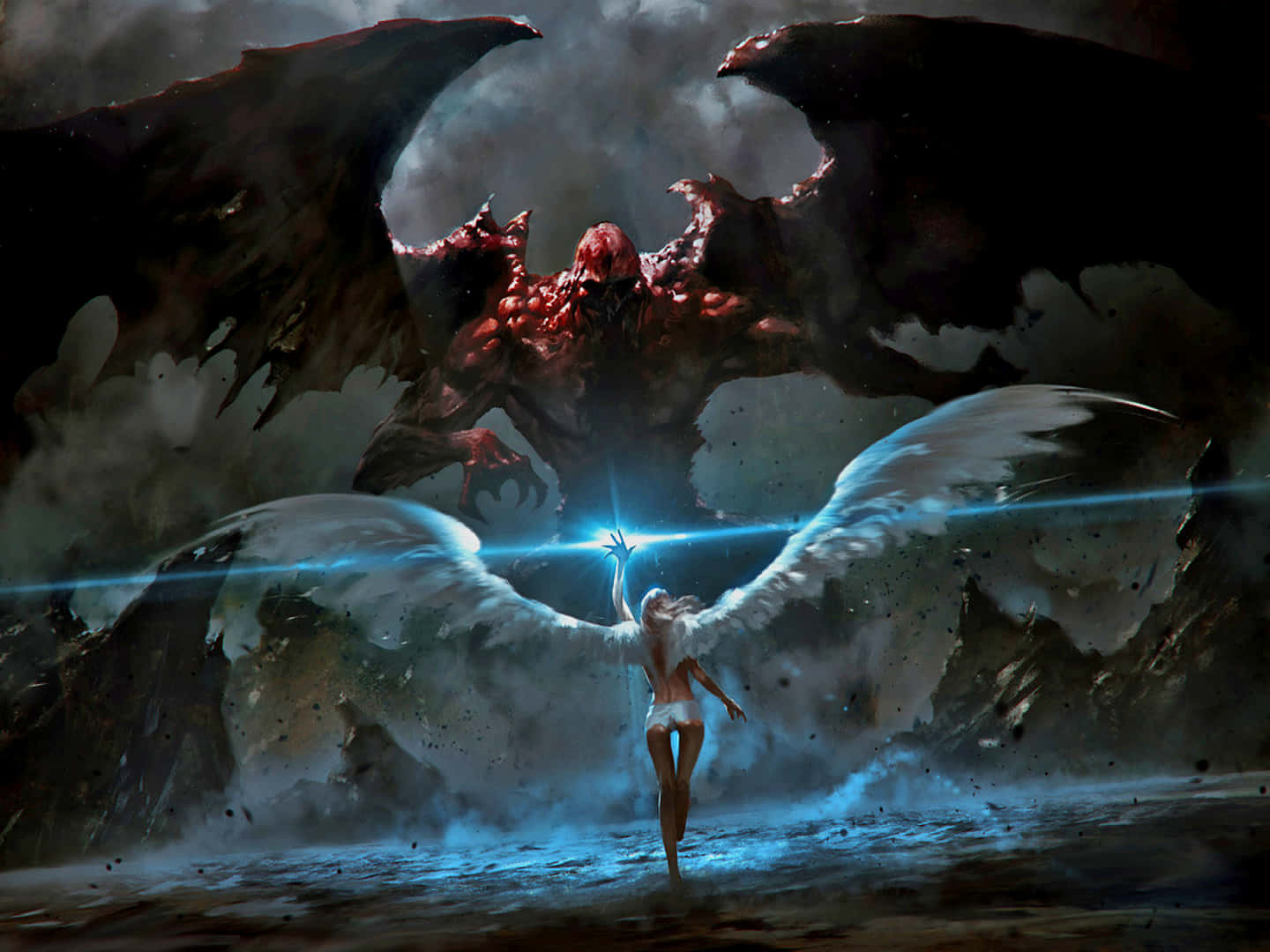 Demon Fighting, glowing angel, white wings, HD Desktop Wallpaper