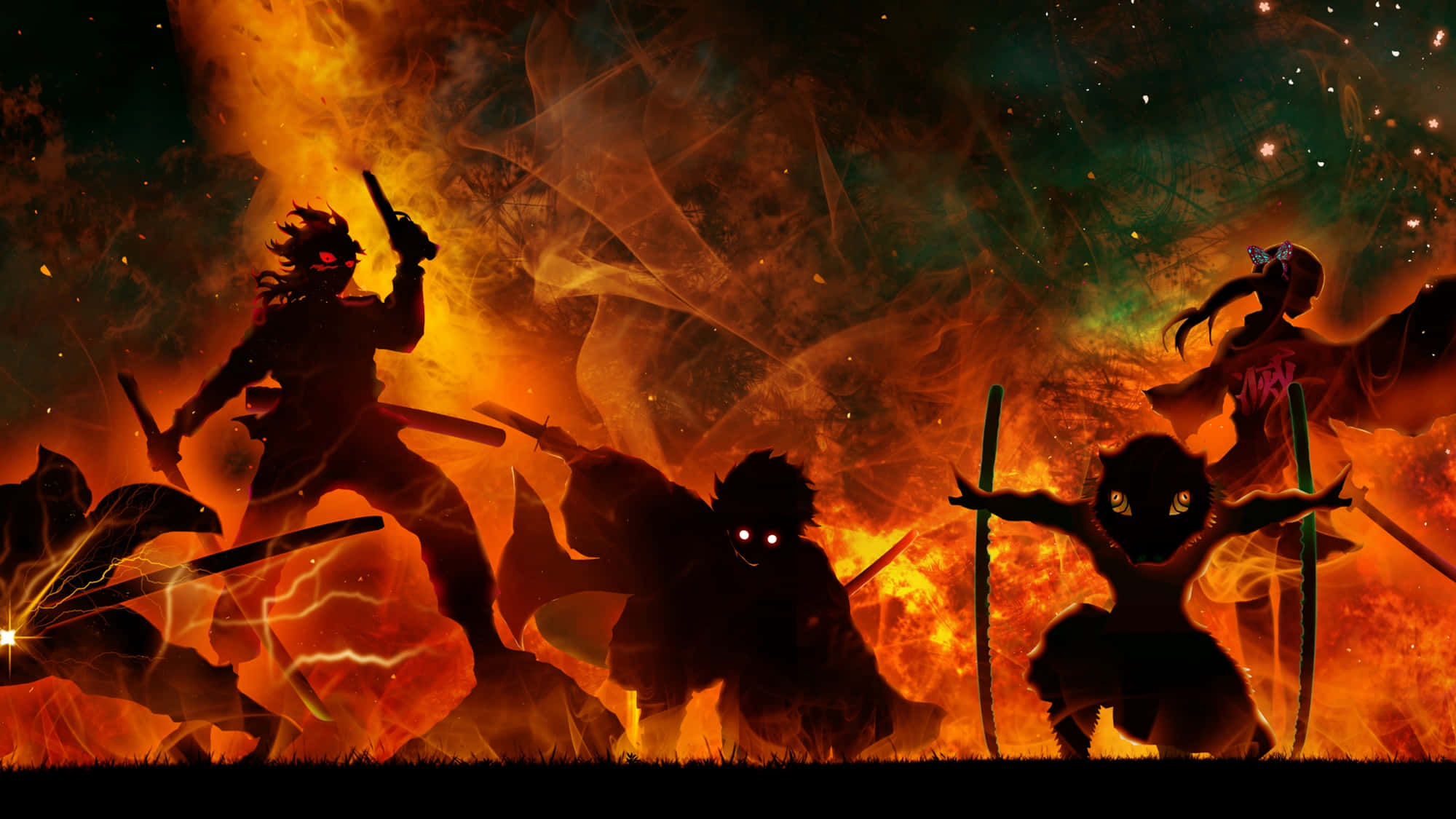 demon fighting, anime warriors, fiery explosions, Full HD Desktop Wallpaper