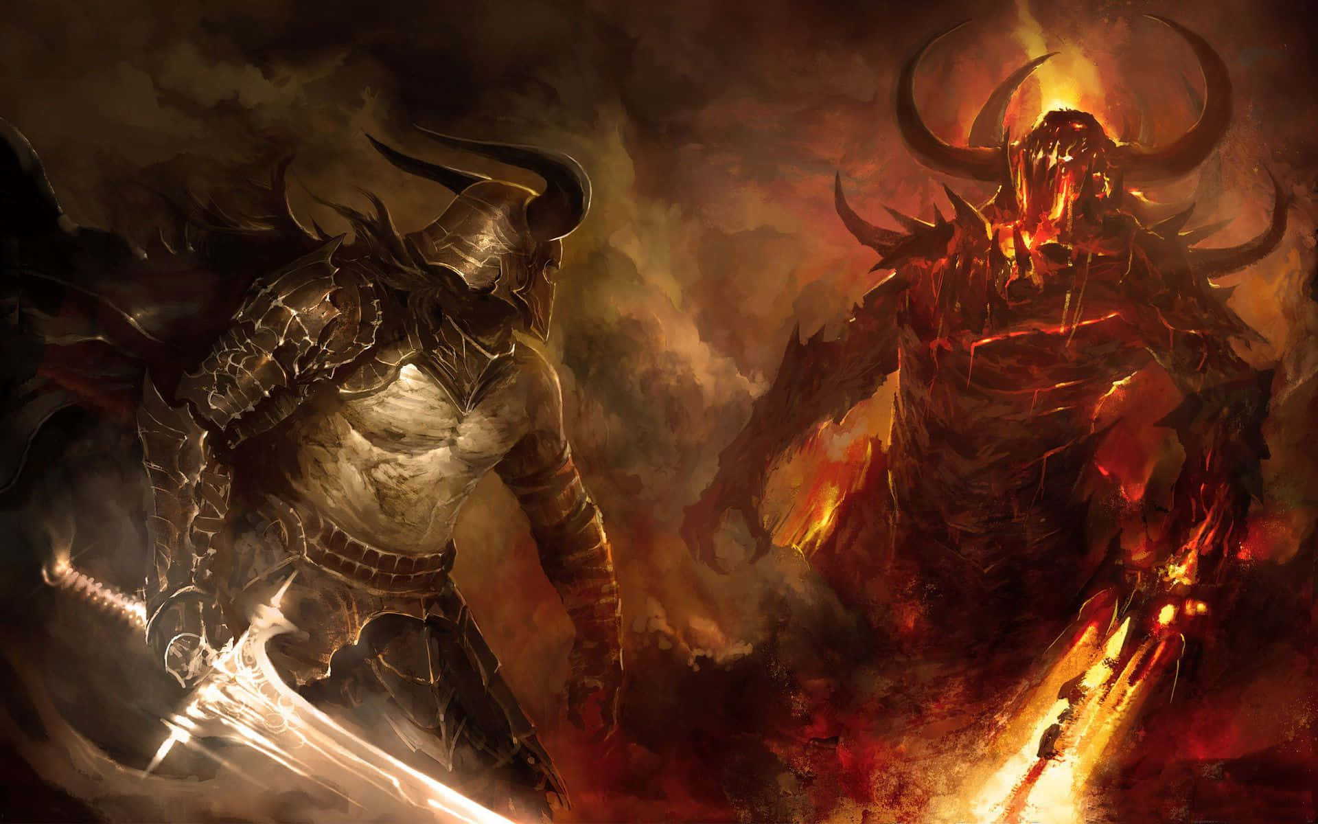 demon fighting, knight in dark armor, fiery horned demon, Full HD Desktop Wallpaper