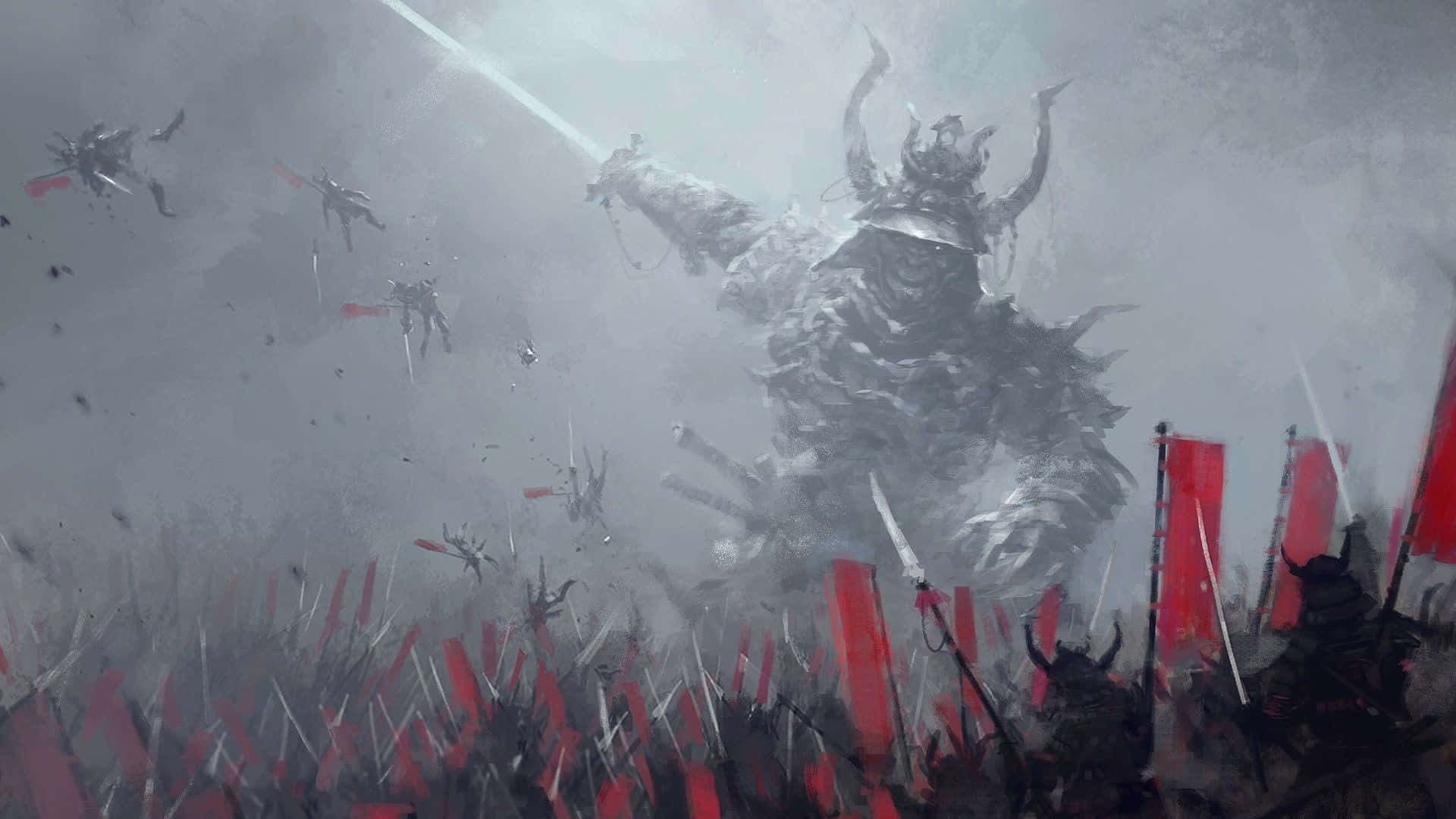Warrior Fighting the Demon, colossal armored warrior, glowing sword, Full HD Desktop Wallpaper