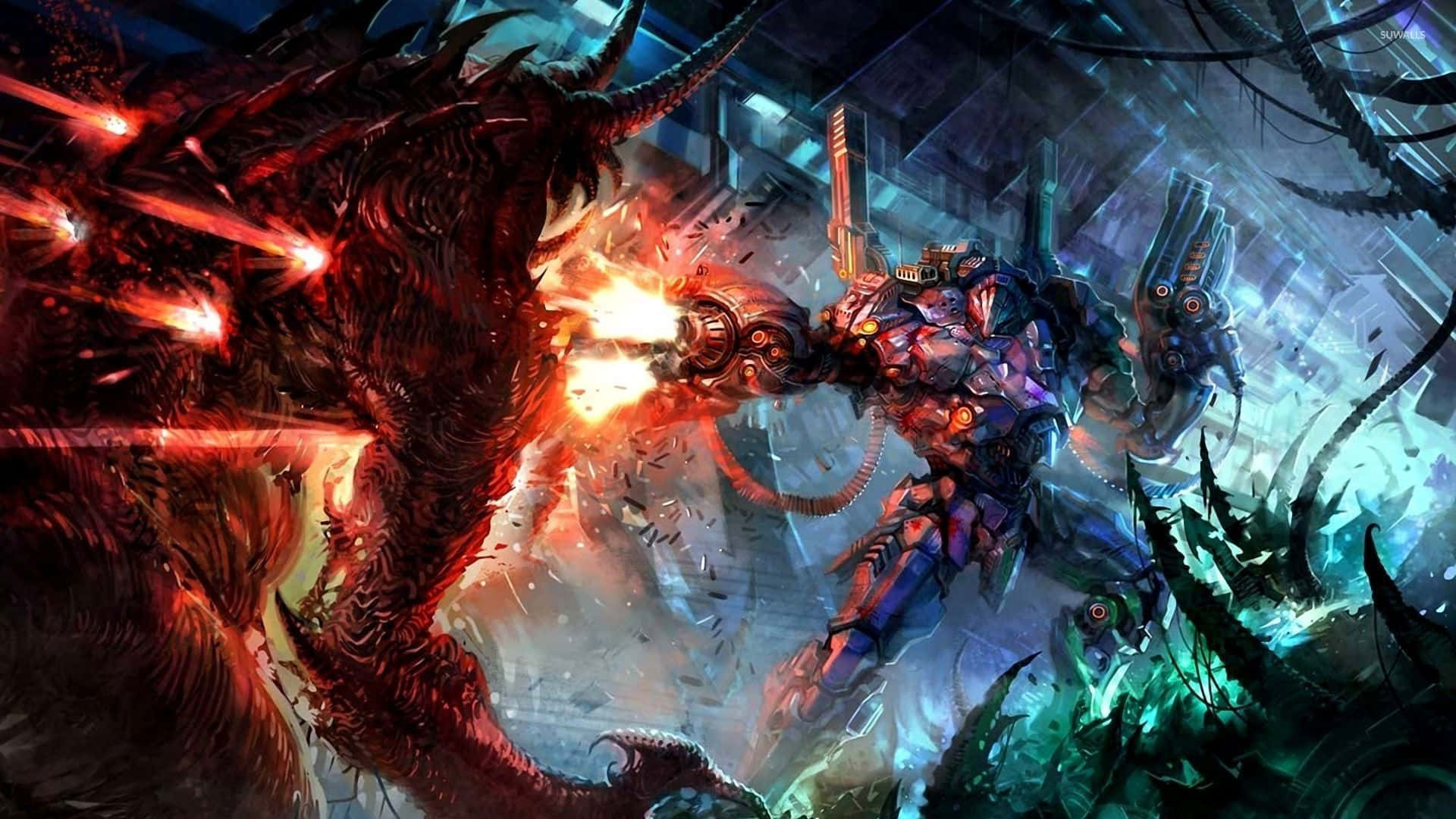 demon fighting, futuristic cityscape, heavily armored warrior, Full HD Desktop Wallpaper