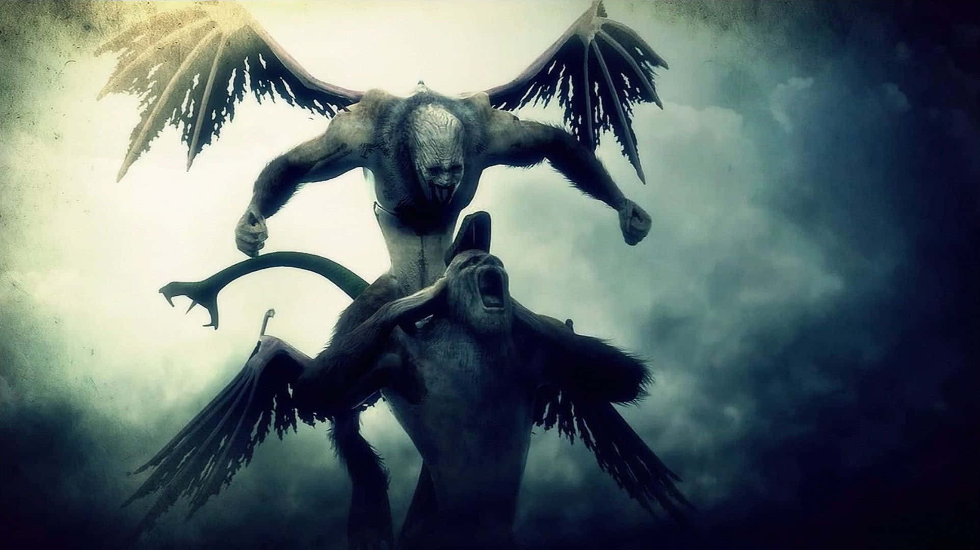 Demon Fighting, stormy sky, monstrous winged creature, Full HD Desktop Wallpaper
