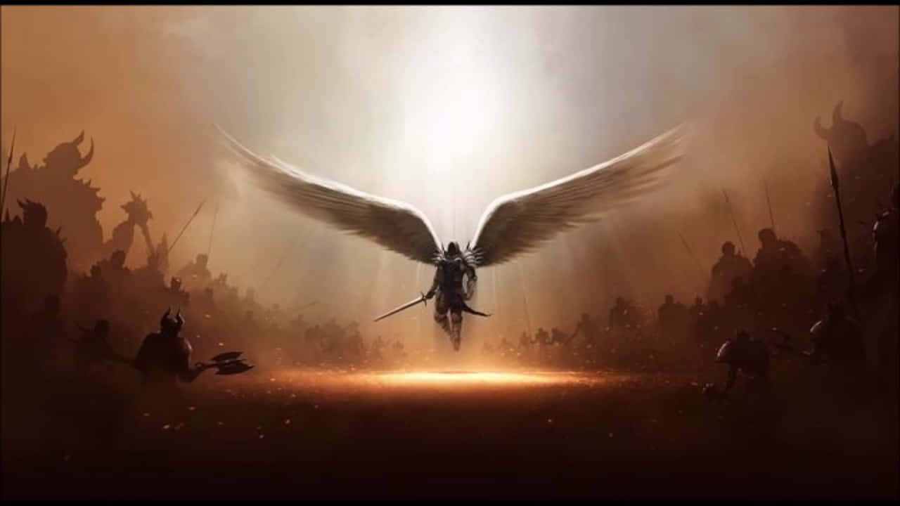 demon fighting, winged warrior, glowing sword, HD Desktop Wallpaper