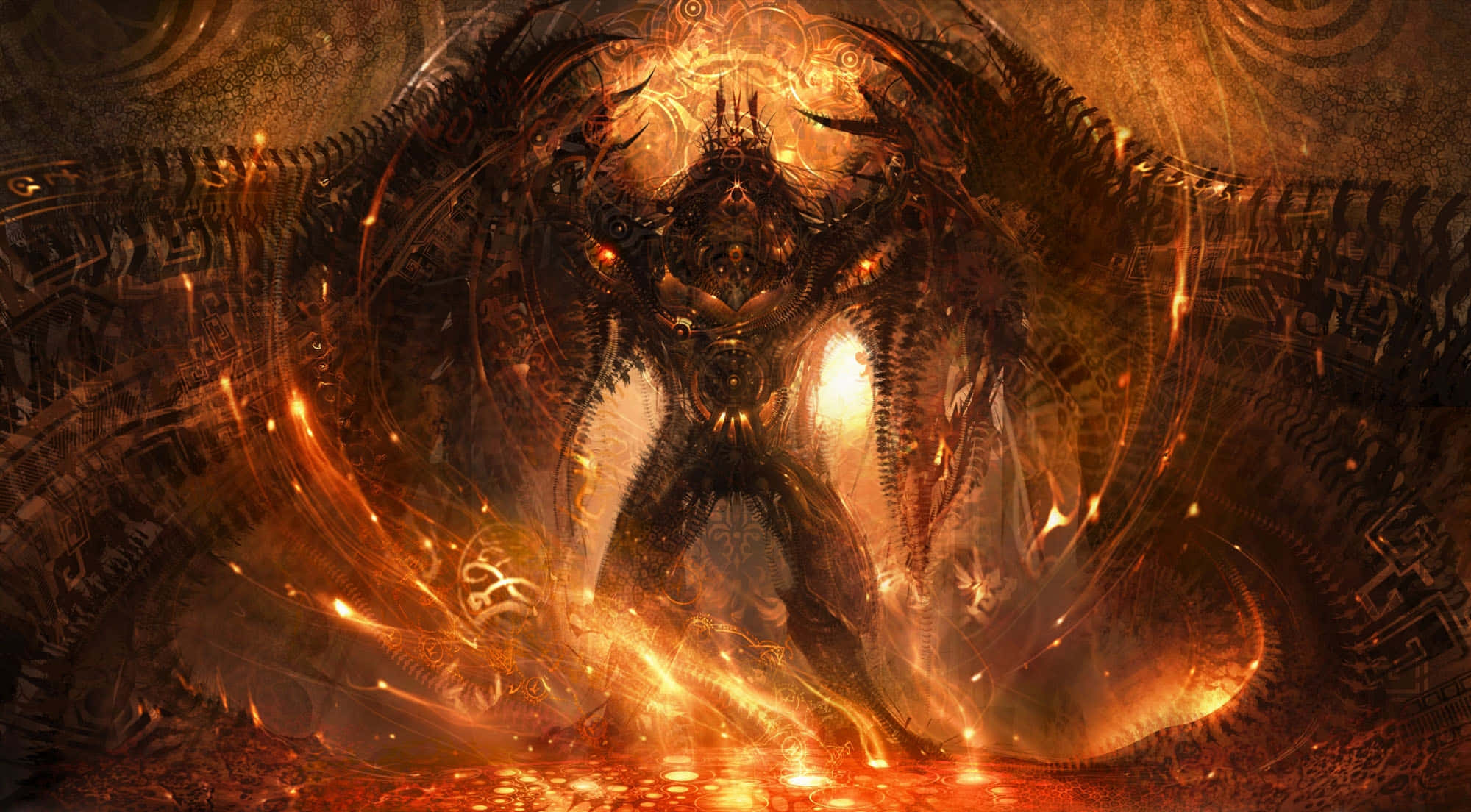 demon fighting, glowing orange wings, intricate armor, Full HD Desktop Wallpaper