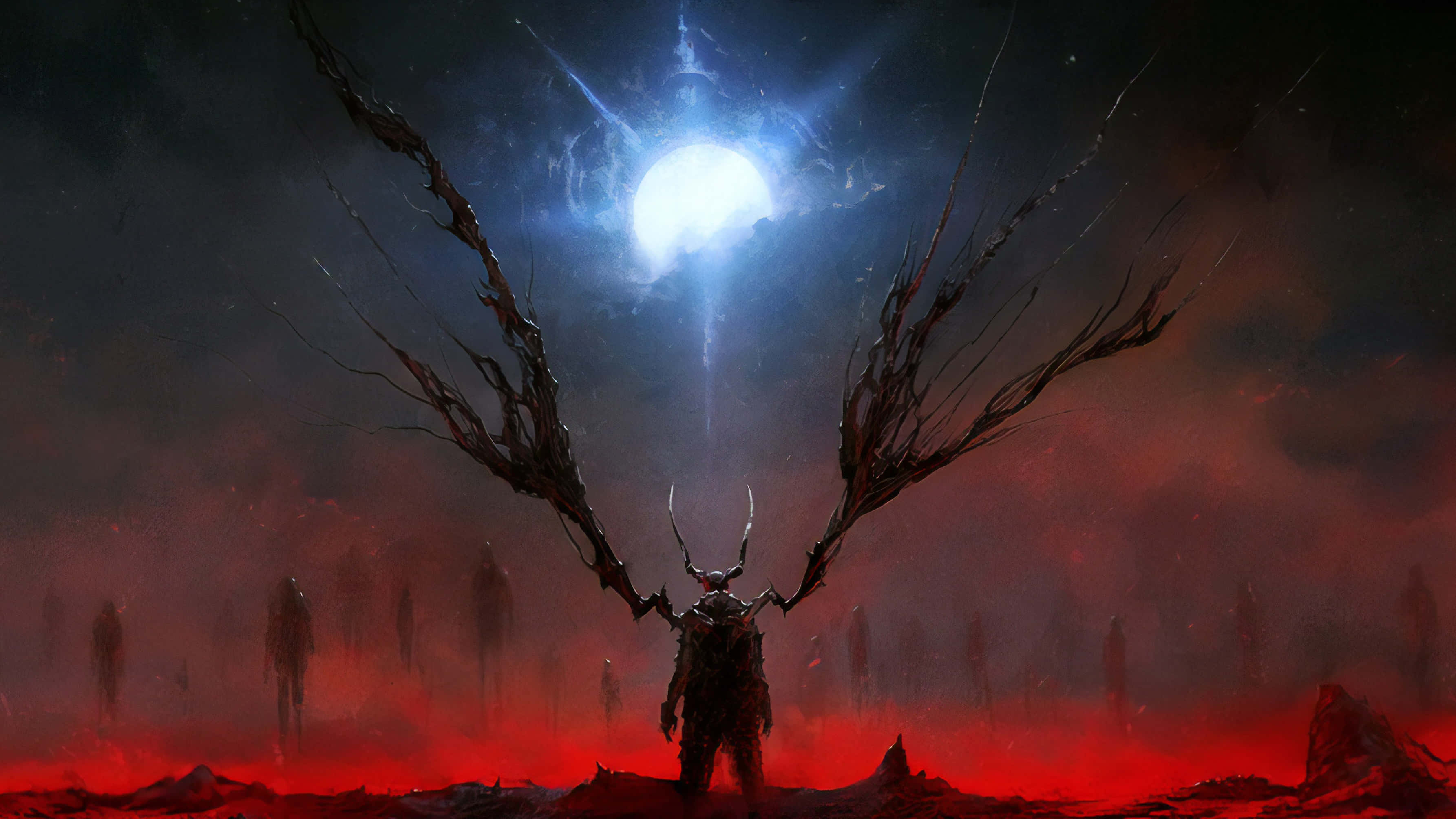 Demon Fighting, skeletal wings, glowing celestial orb, 2K Desktop Wallpaper