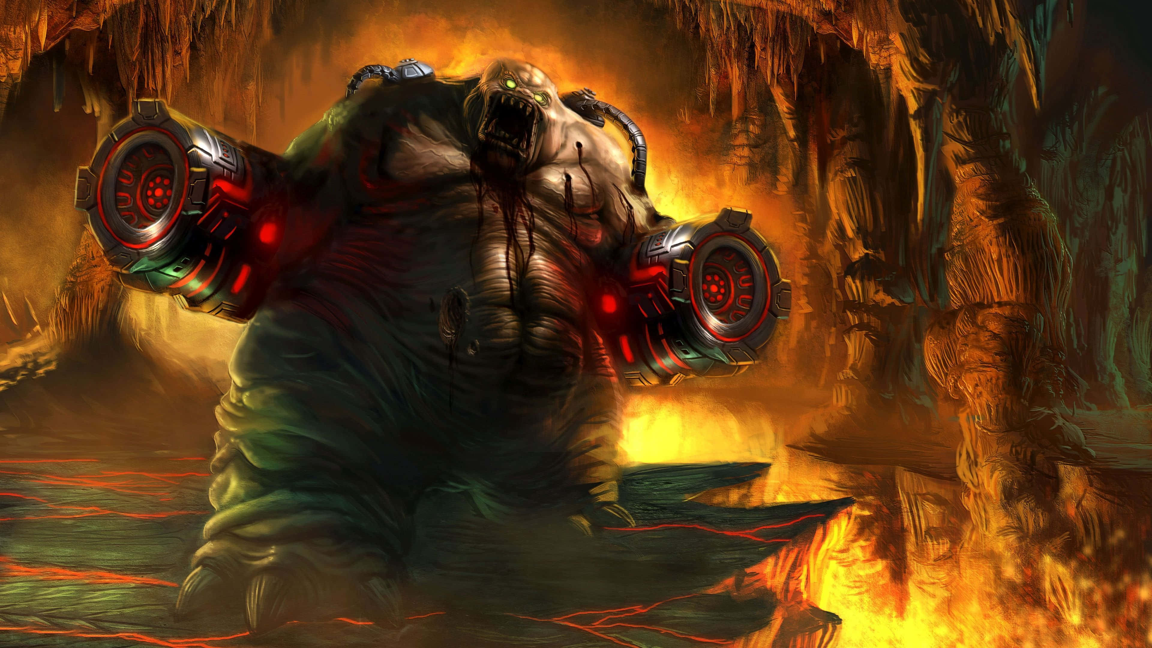demon fighting, fiery cavern, lava, 4K Desktop Wallpaper
