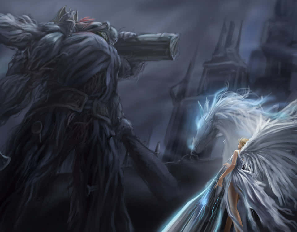 demon fighting, stormy gothic ruin, luminous angel, SD Desktop Wallpaper