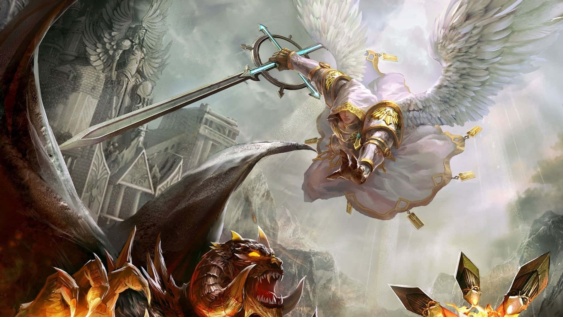 Demon Fighting, angel, white wings, Full HD Desktop Wallpaper
