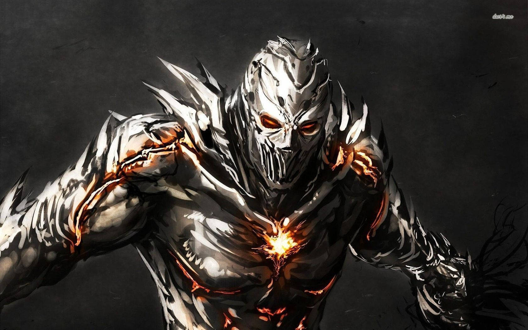 metallic blazing demon, glowing red eyes, fiery chest embers, HD Desktop Wallpaper