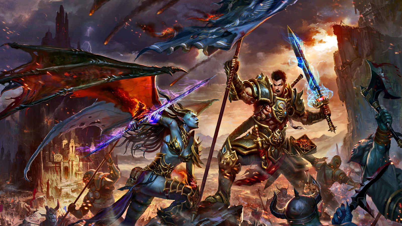 demon fighting, fiery sunset sky, armored warriors, HD Desktop Wallpaper