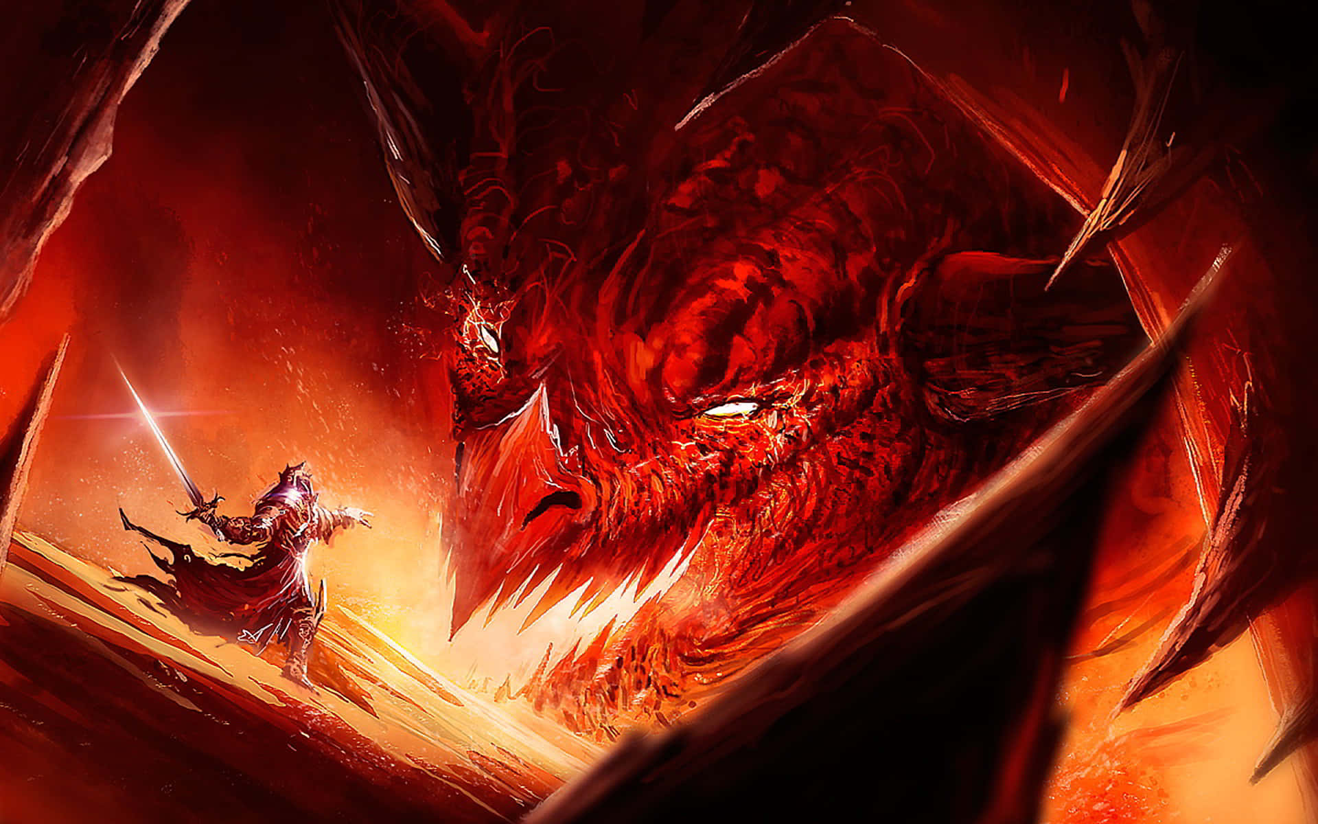 Demon Fighting, colossal red dragon, glowing eyes, Full HD Desktop Wallpaper