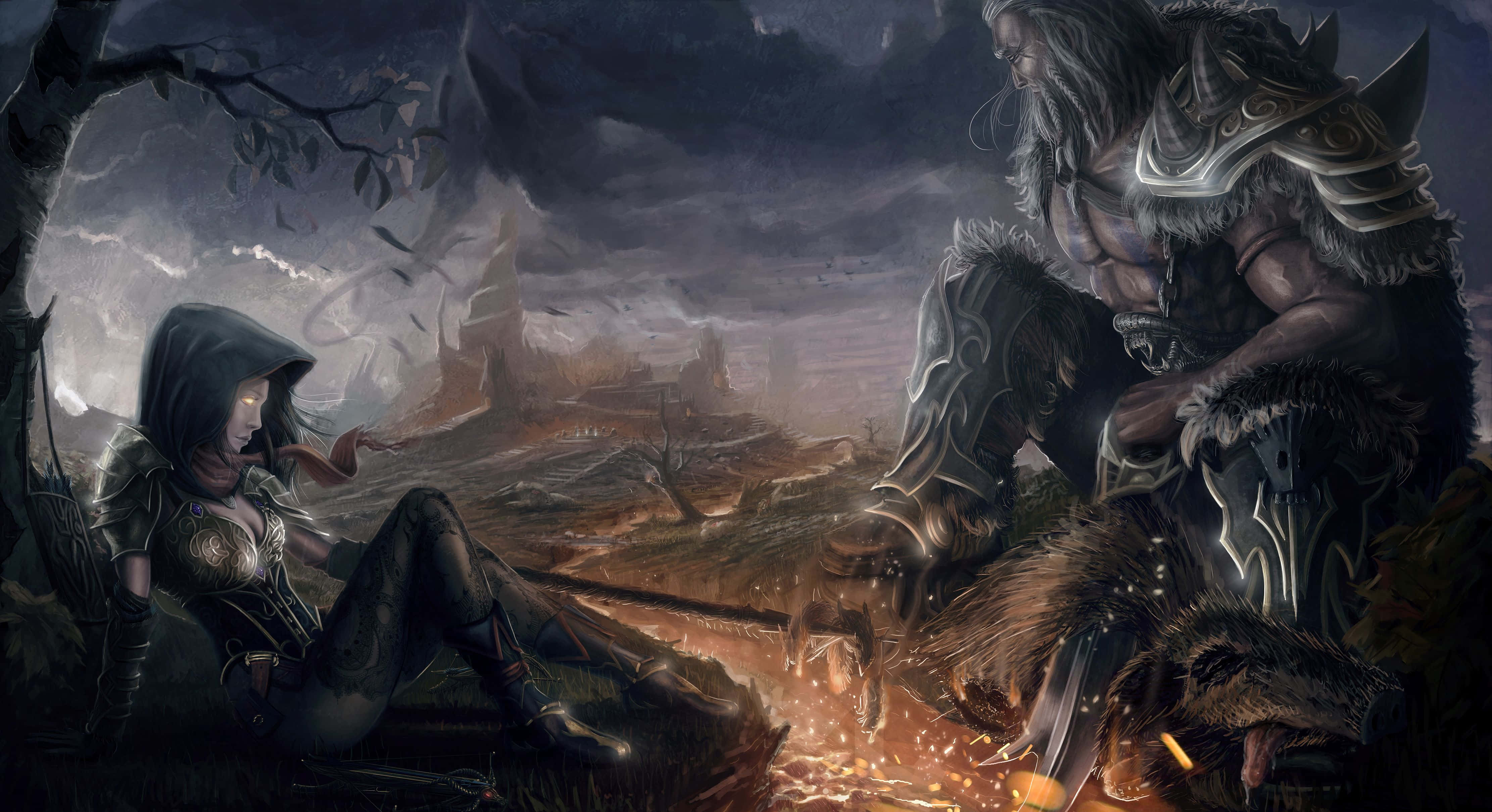 demon hunting, hooded warrior, giant beast, 4K Desktop Wallpaper