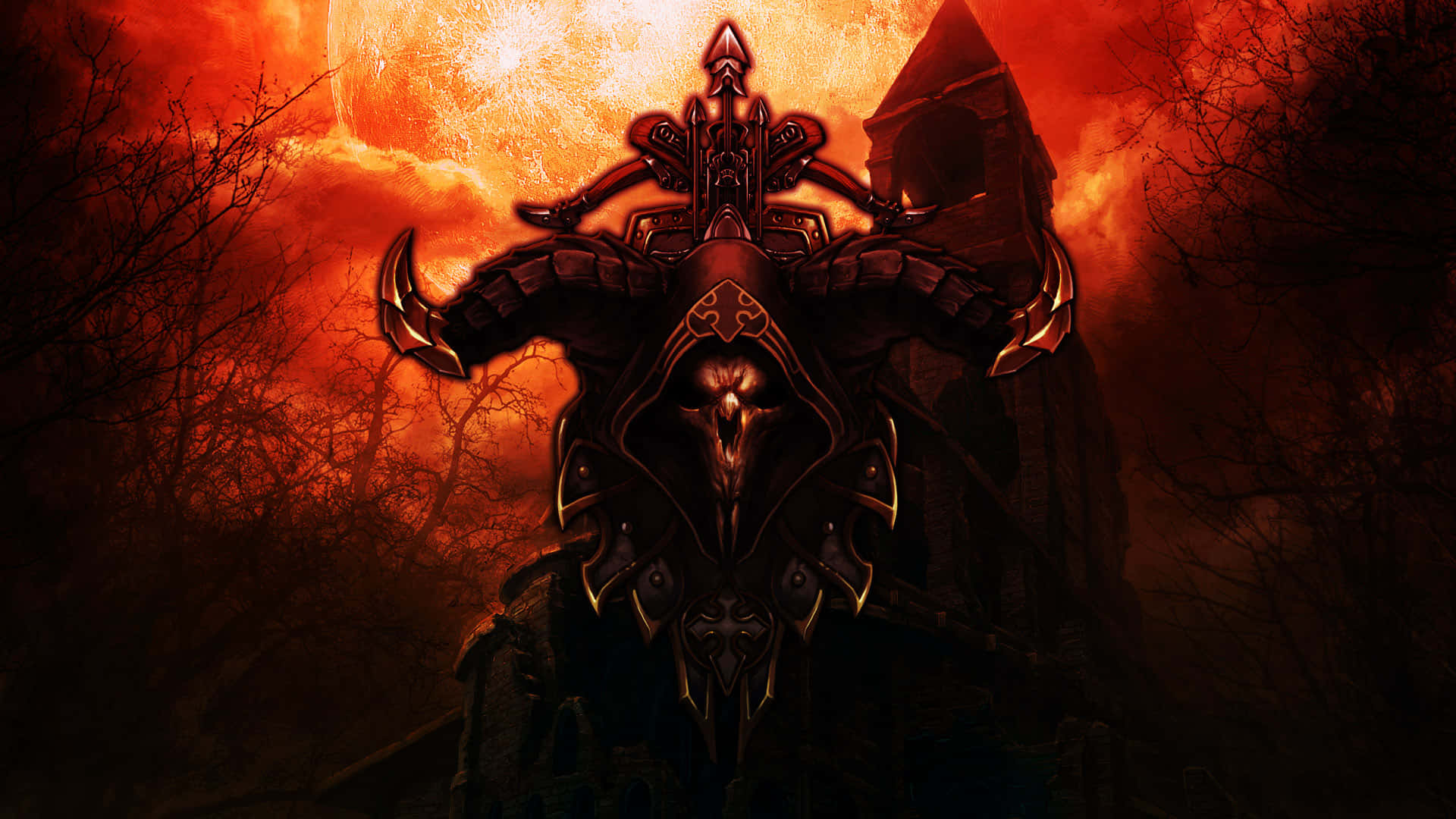 Demon Hunting, burning orange sky, barren trees, Full HD Desktop Wallpaper