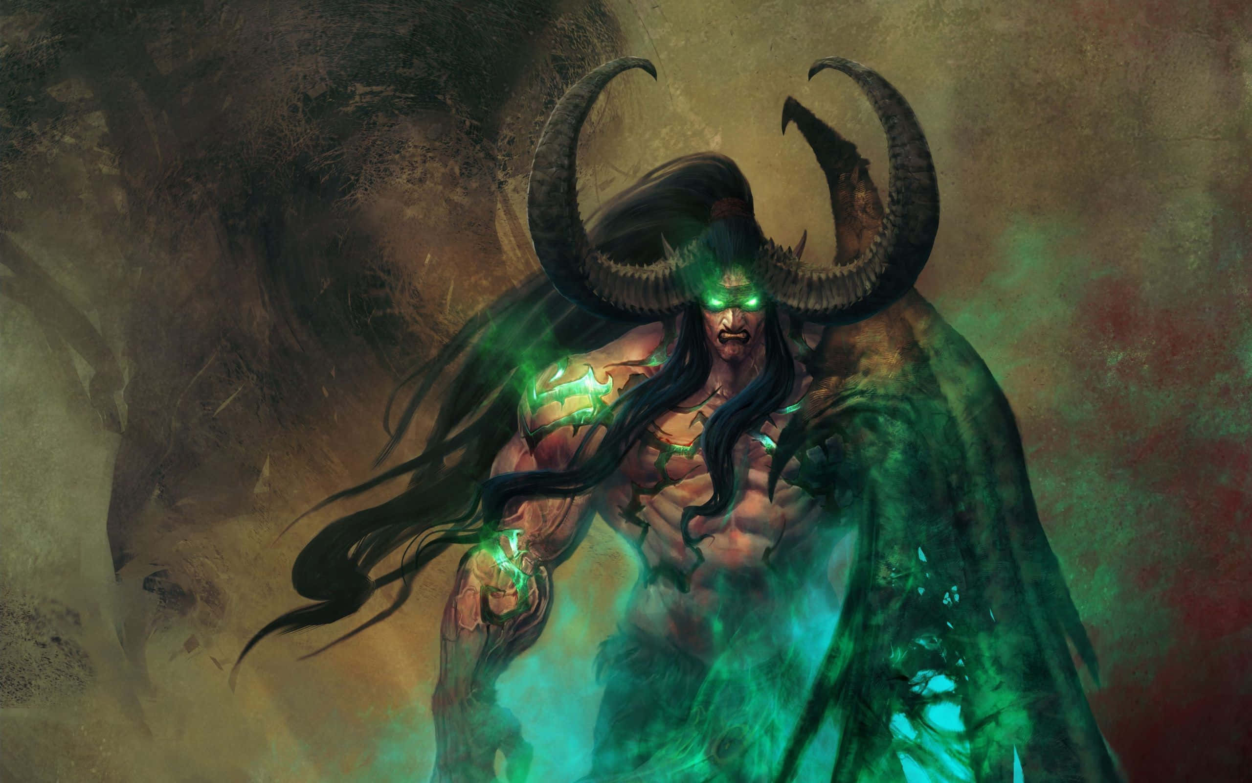 Demon Hunting, glowing green eyes, horned demon, 2K Desktop Wallpaper