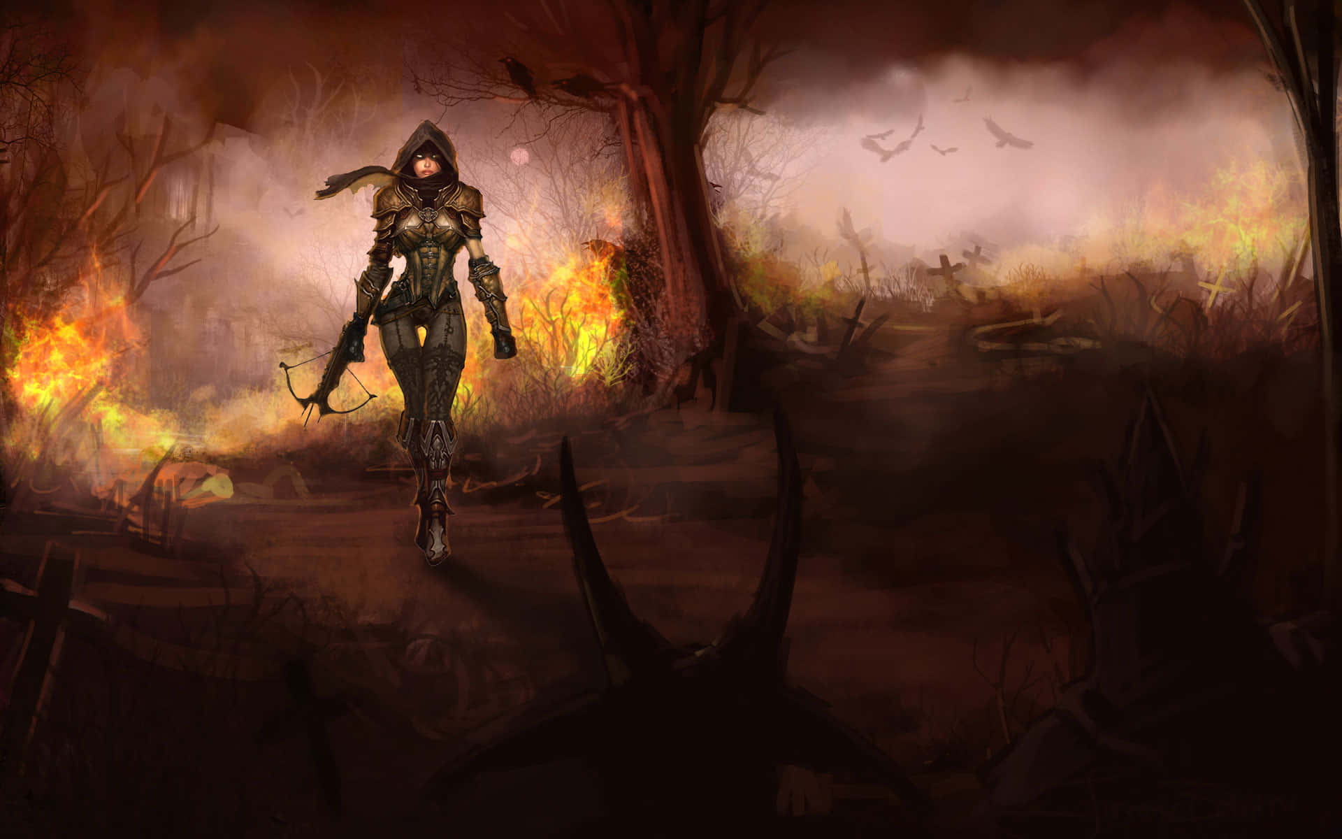 Demon Hunting, hooded warrior, holy weapons, Full HD Desktop Wallpaper