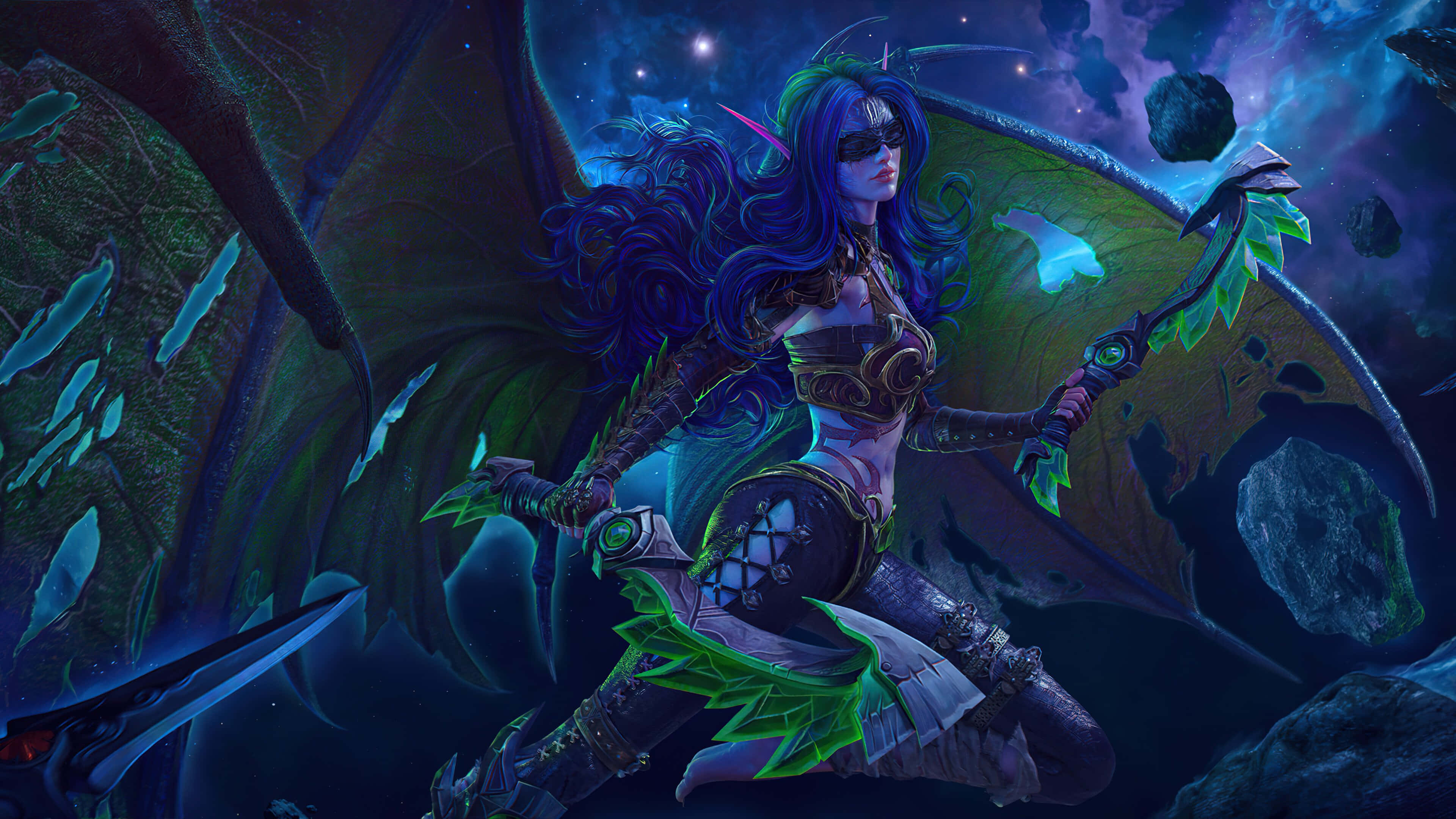 demon hunting, glowing green wings, cosmic backdrop, 4K Desktop Wallpaper