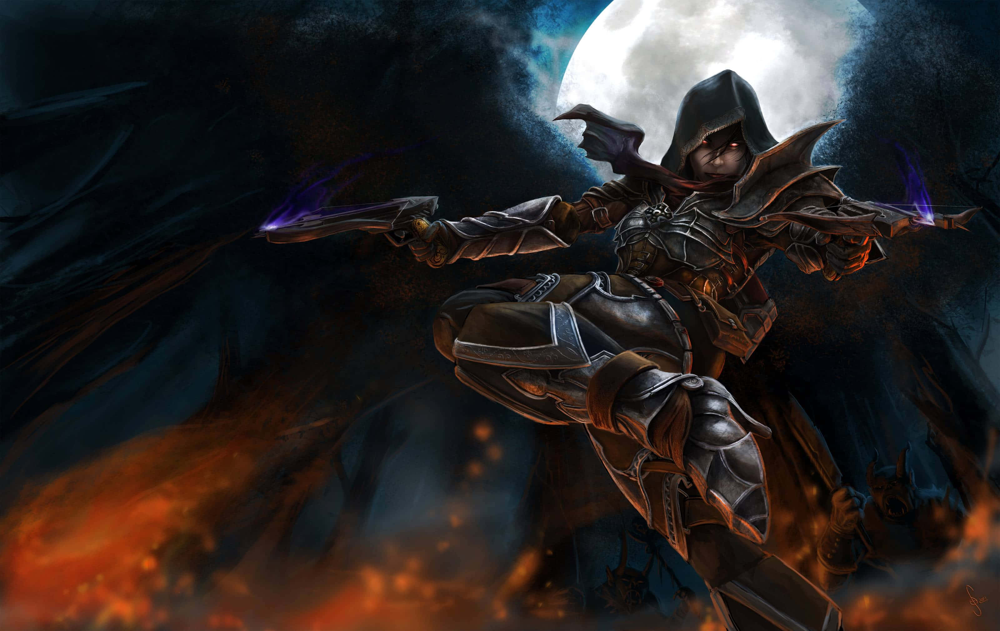 Demon Hunting, hooded warrior, dark armor, 2K Desktop Wallpaper
