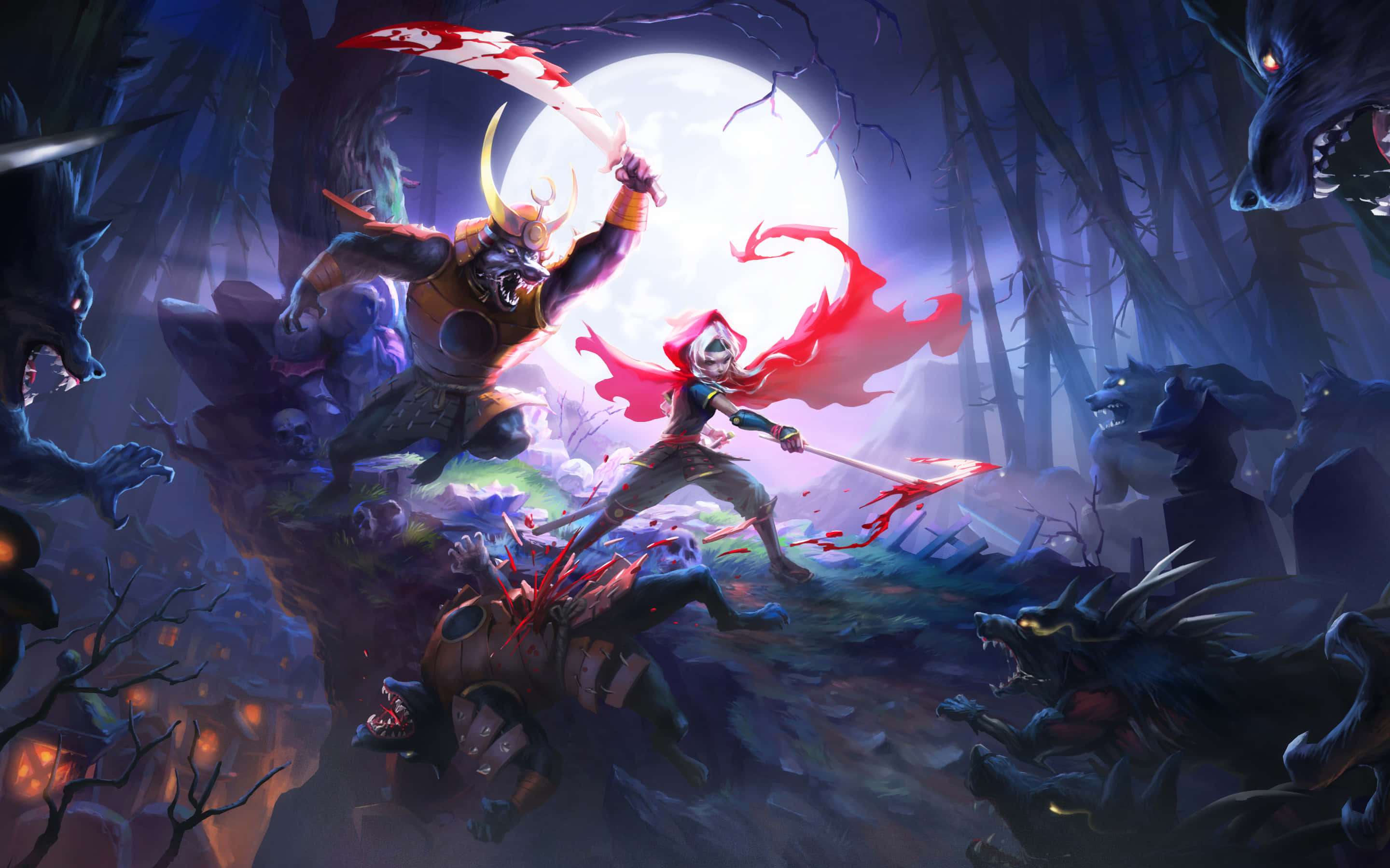 demon hunting, red cape, glowing full moon, 2K Desktop Wallpaper
