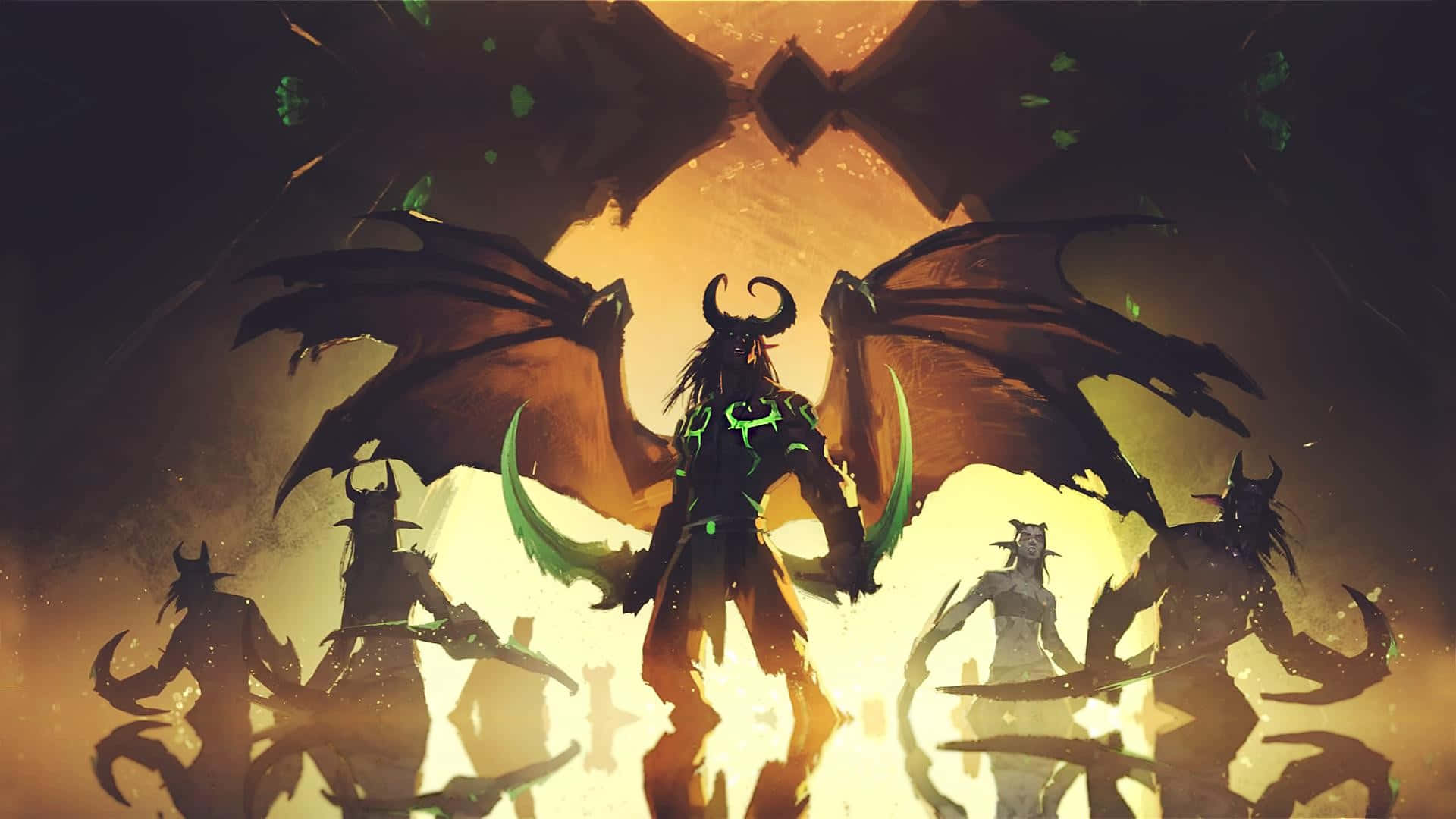 demon hunting, dark-winged demonic figure, glowing green accents, Full HD Desktop Wallpaper