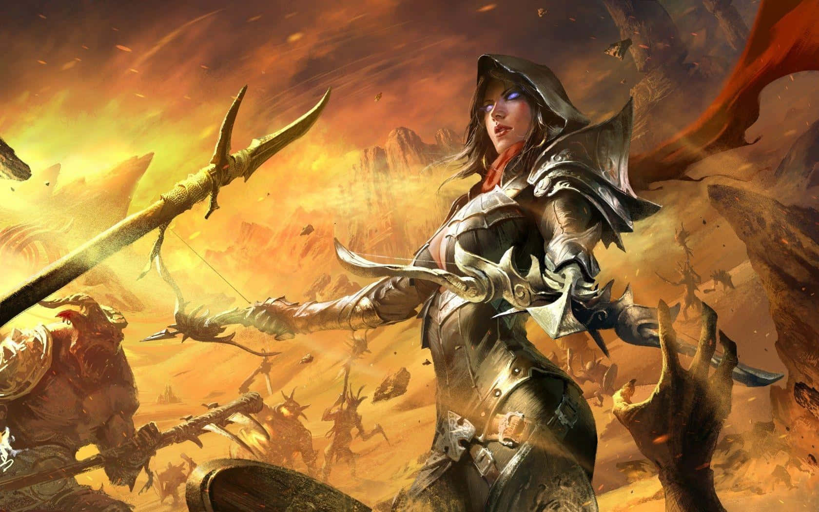Demon Hunting, armored warrior woman, glowing eyes, HD Desktop Wallpaper