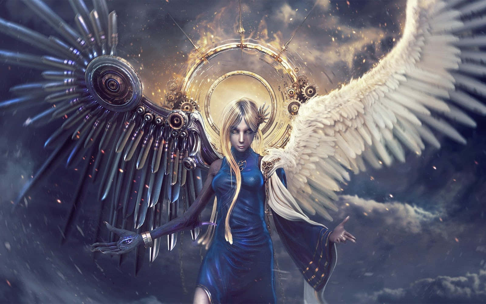 divine female figure, mechanical wing, organic wing, HD Desktop Wallpaper