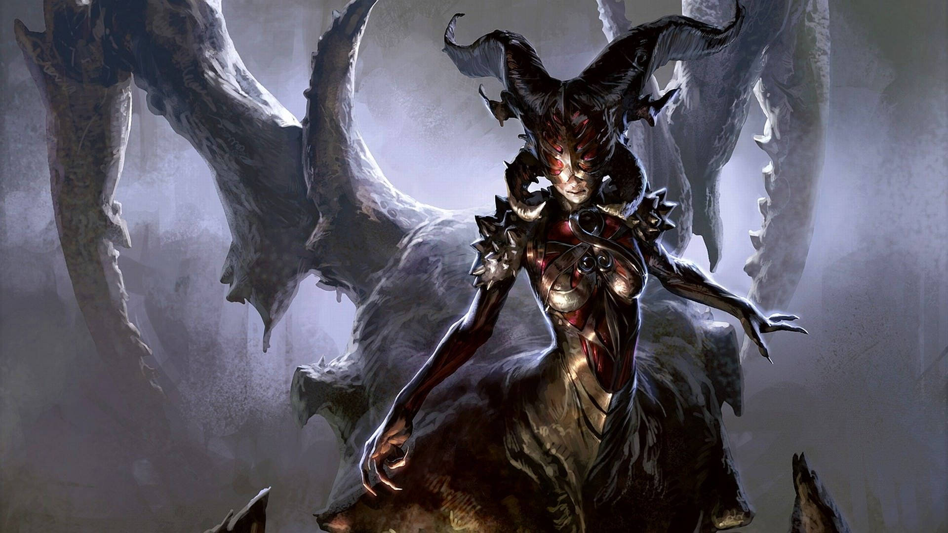 demonic female figure, glowing red eyes, massive bat-like wings, Full HD Desktop Wallpaper