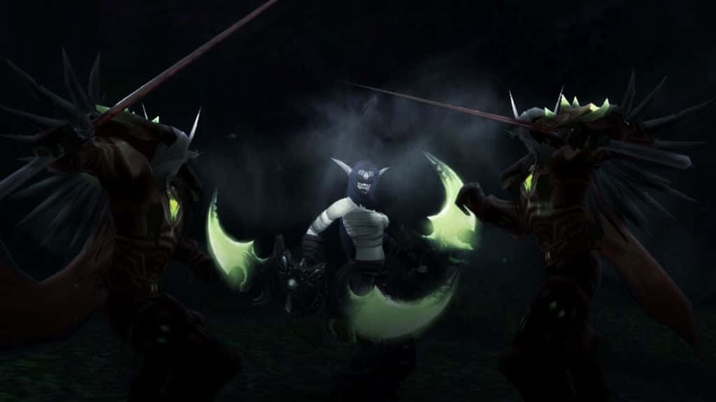 Demon Hunting, glowing green wings, spiked-armored foes, SD Desktop Wallpaper