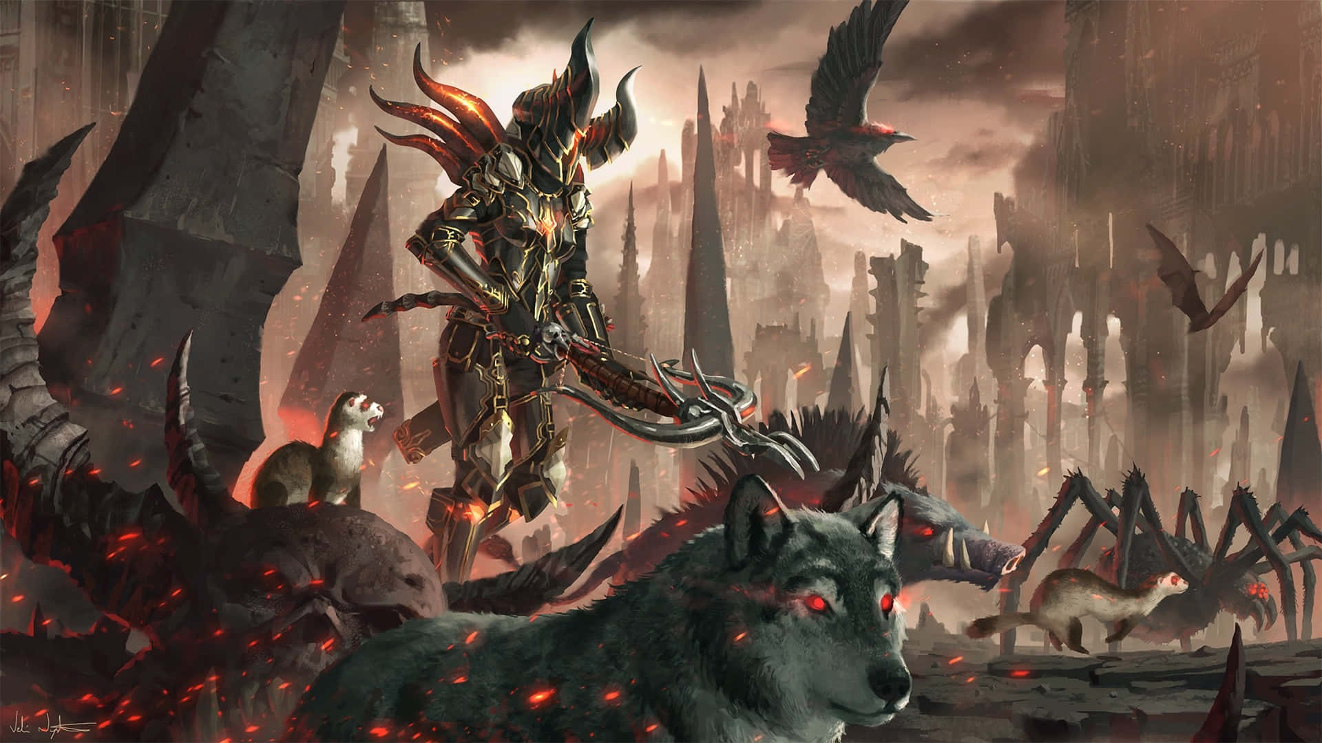 Demon Hunting, dark armored warrior, glowing red horns, Full HD Desktop Wallpaper